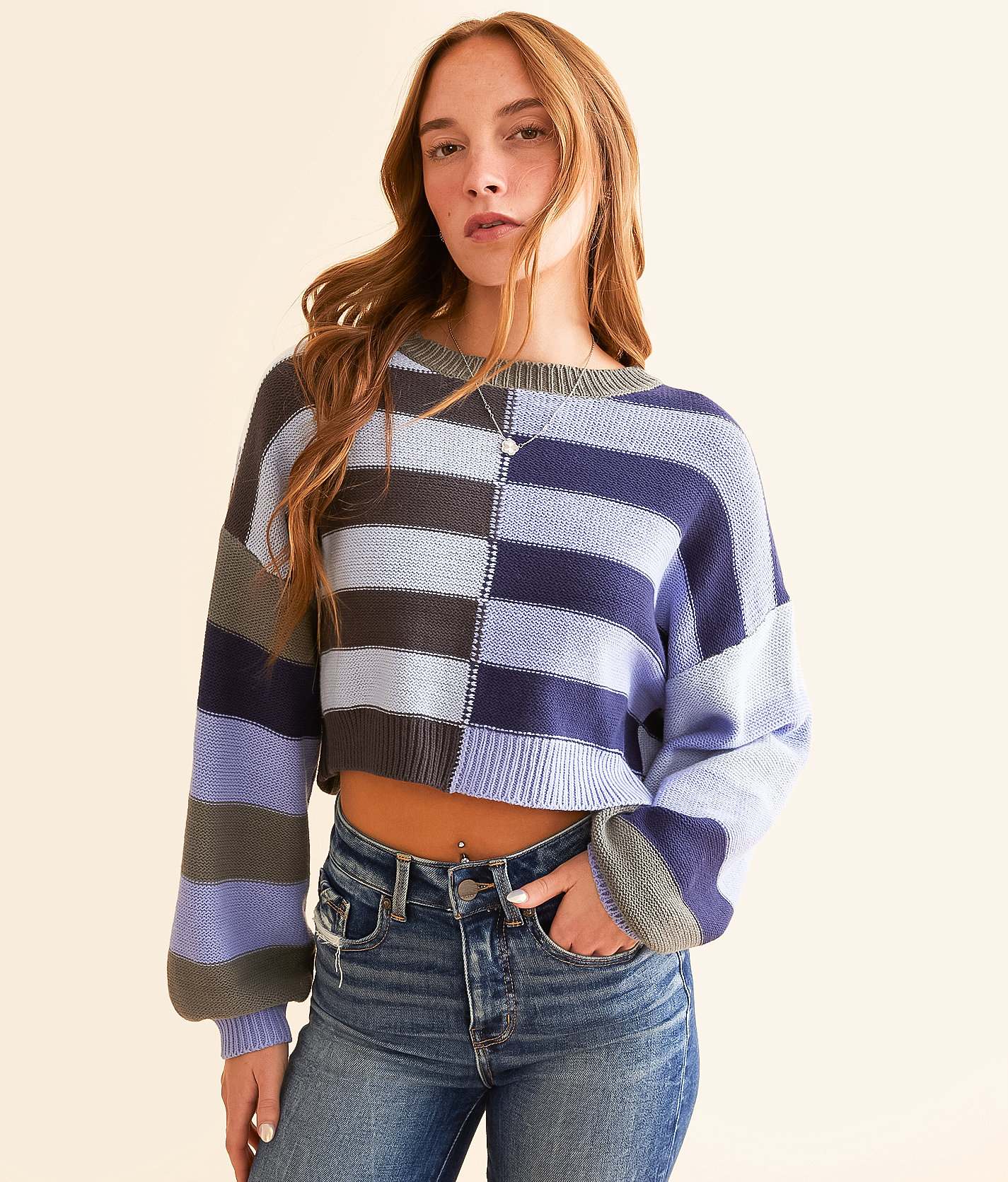 LE LIS Offset Stripe Cropped Sweater - Women's Sweaters in Baby Blue Multi