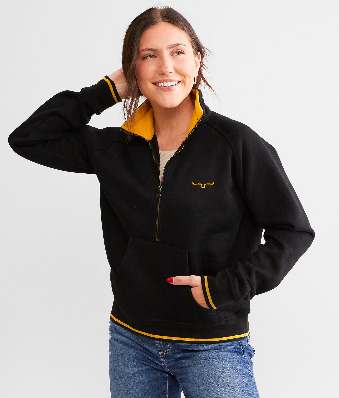 Kimes Ranch Malta Quarter Zip Pullover - Women's Sweatshirts in Black CW Mustard