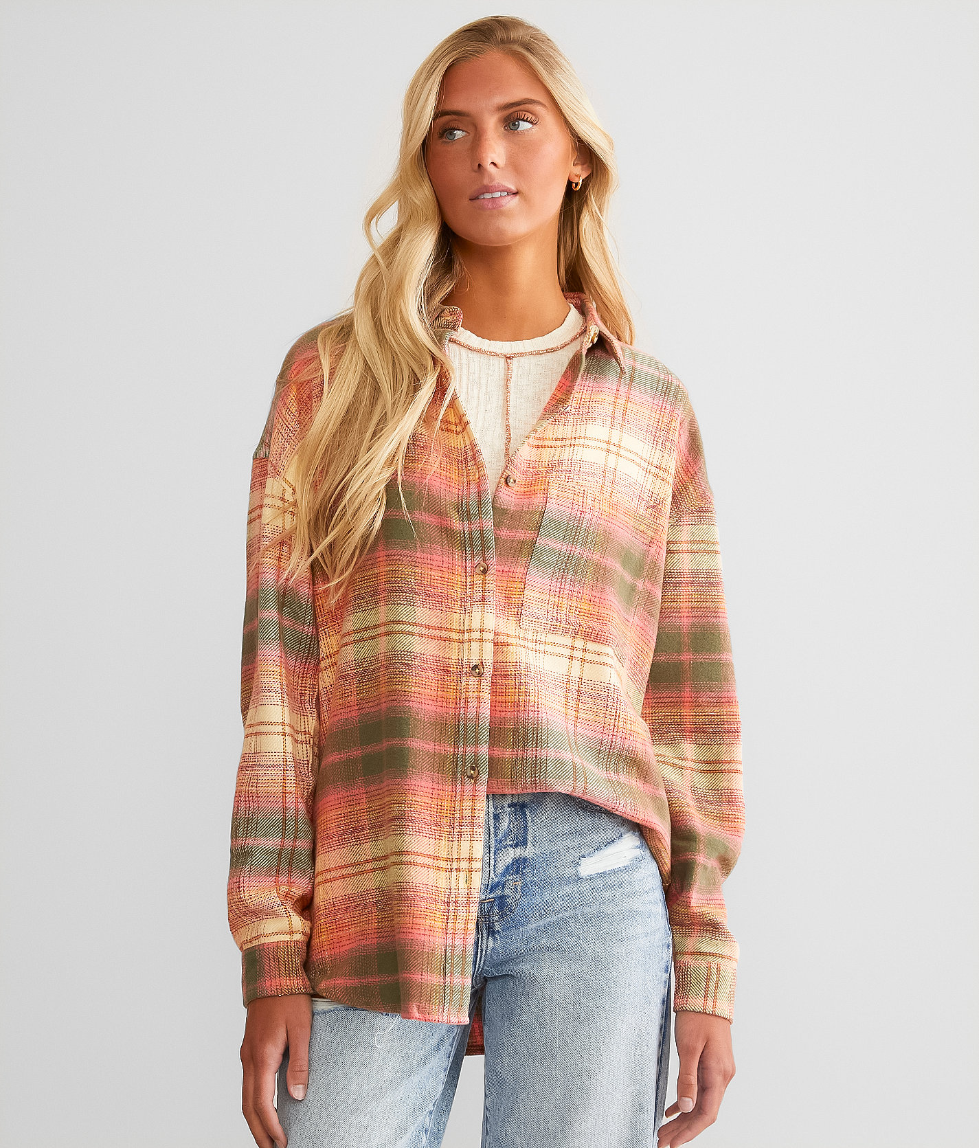 Gilded Intent Plaid Boyfriend Shirt - Women's Shirts & Blouses in Pink Olive