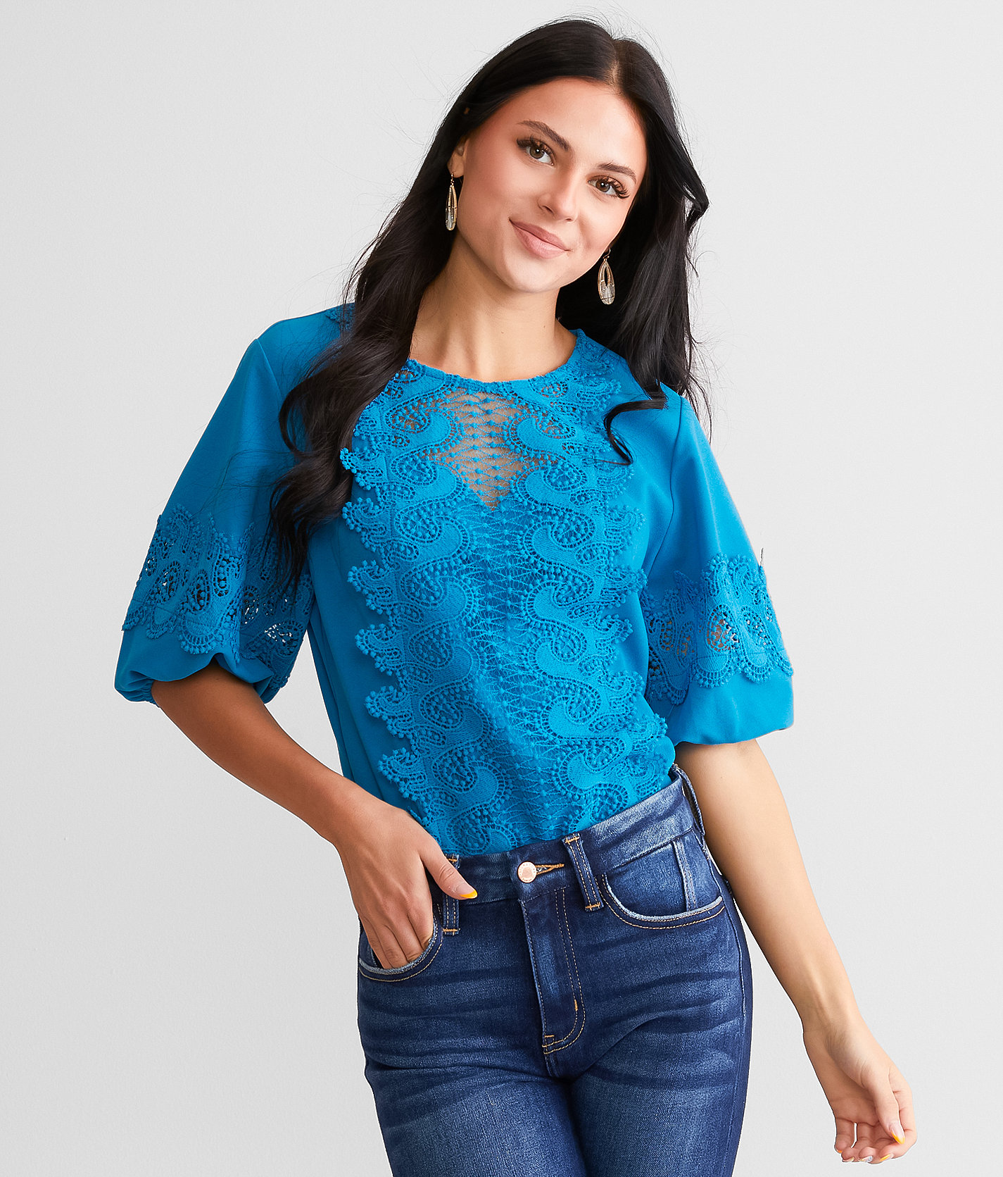 A. Peach Crochet Overlay Top - Women's Shirts & Blouses in Cobalt