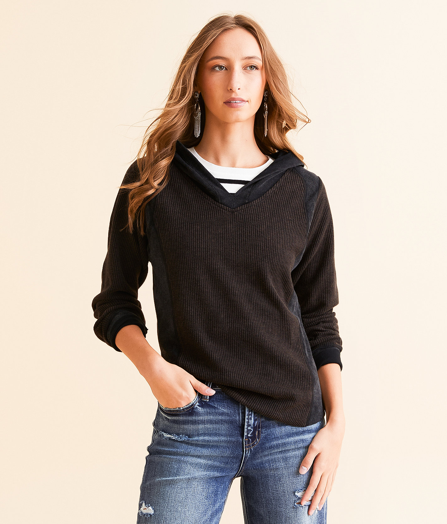 BKE Pieced Exposed Seam Hoodie - Women's Sweatshirts in Washed Black