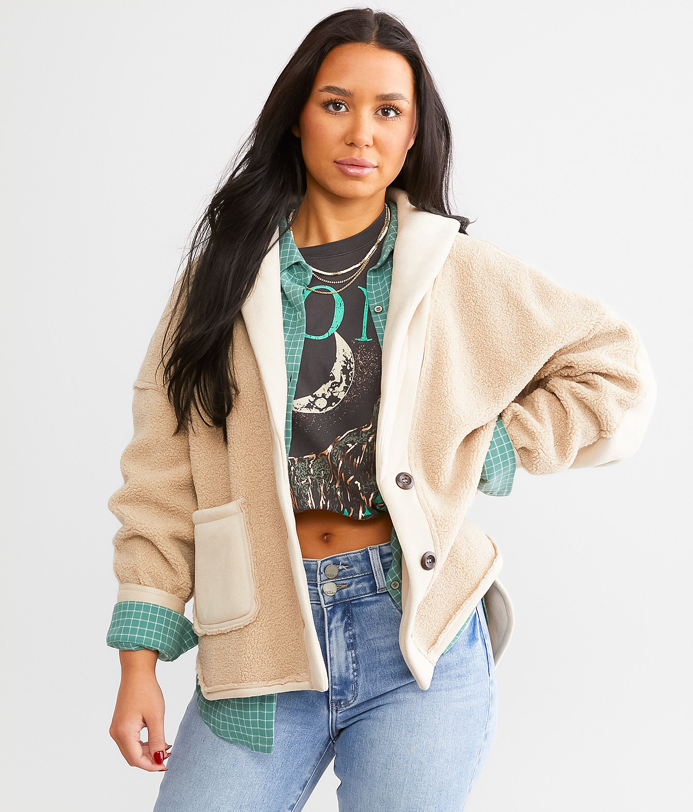 BKE Pieced Sherpa Shacket - Women's Coats & Jackets in Light Taupe