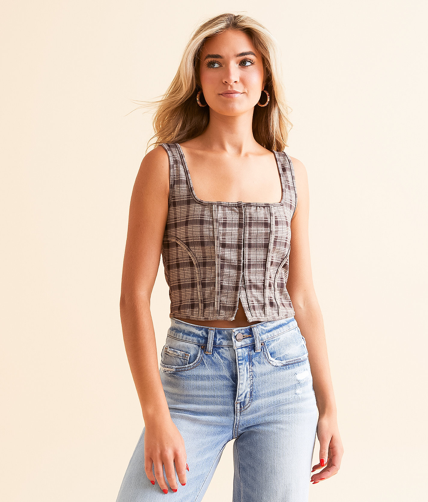 Chembery Plaid Corset Tank Top - Women's Tank Tops in Coffee