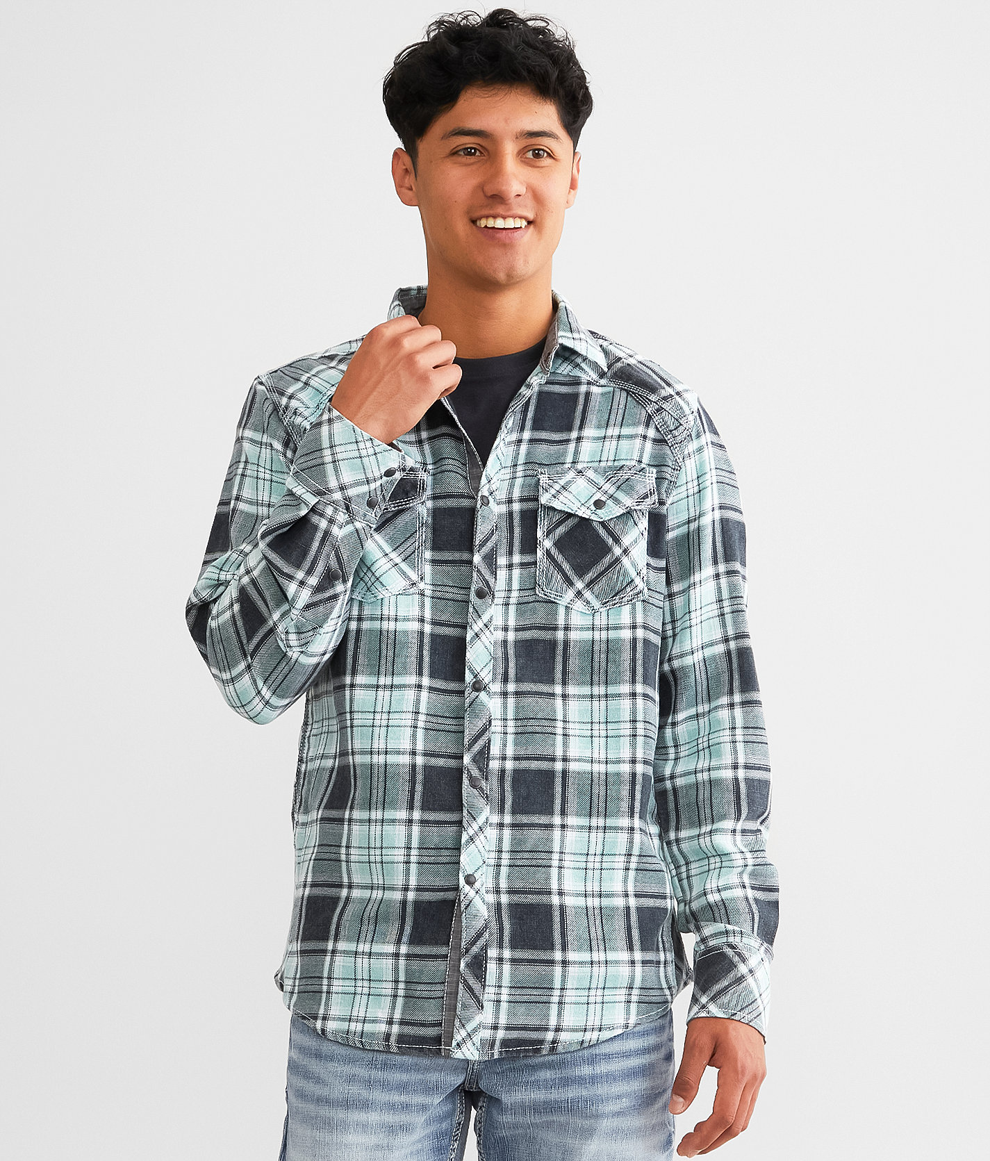 BKE Vintage Brushed Plaid Athletic Shirt - Men's Shirts in Black Green