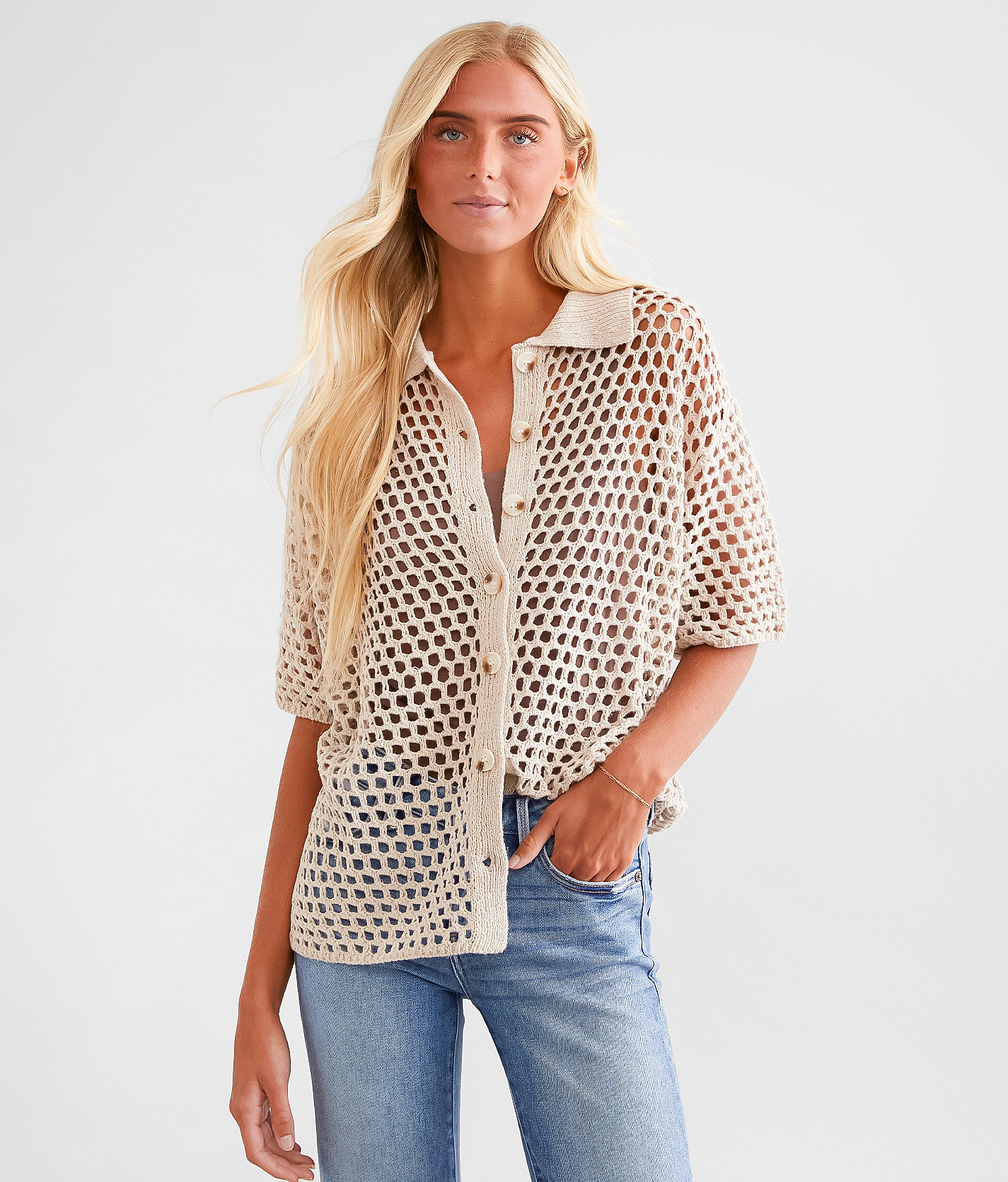 Pretty Garbage Open Stitch Cardigan Sweater - Women's Sweaters in Beige