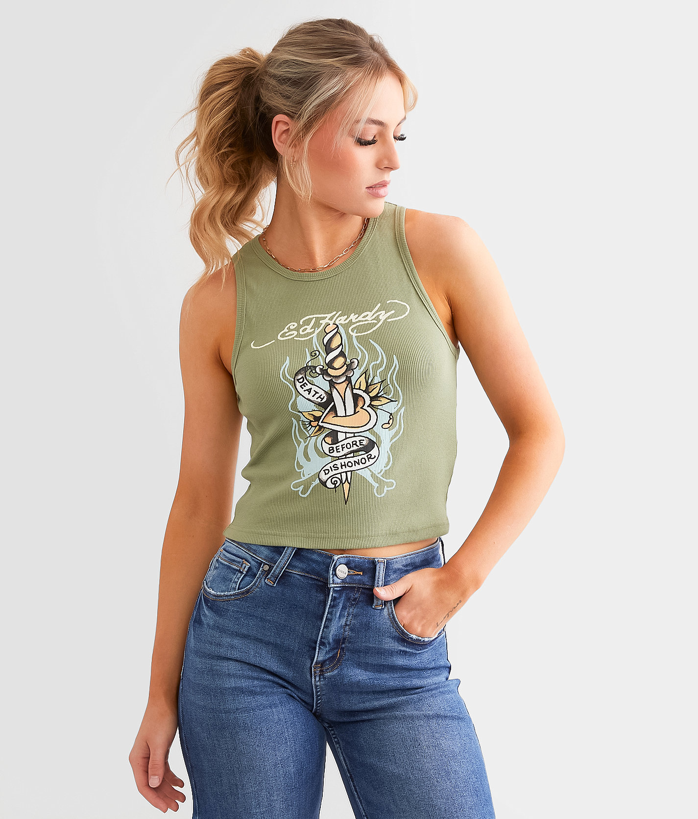 Ed Hardy Dagger Cropped Tank Top - Women's Tank Tops in Lt Olive