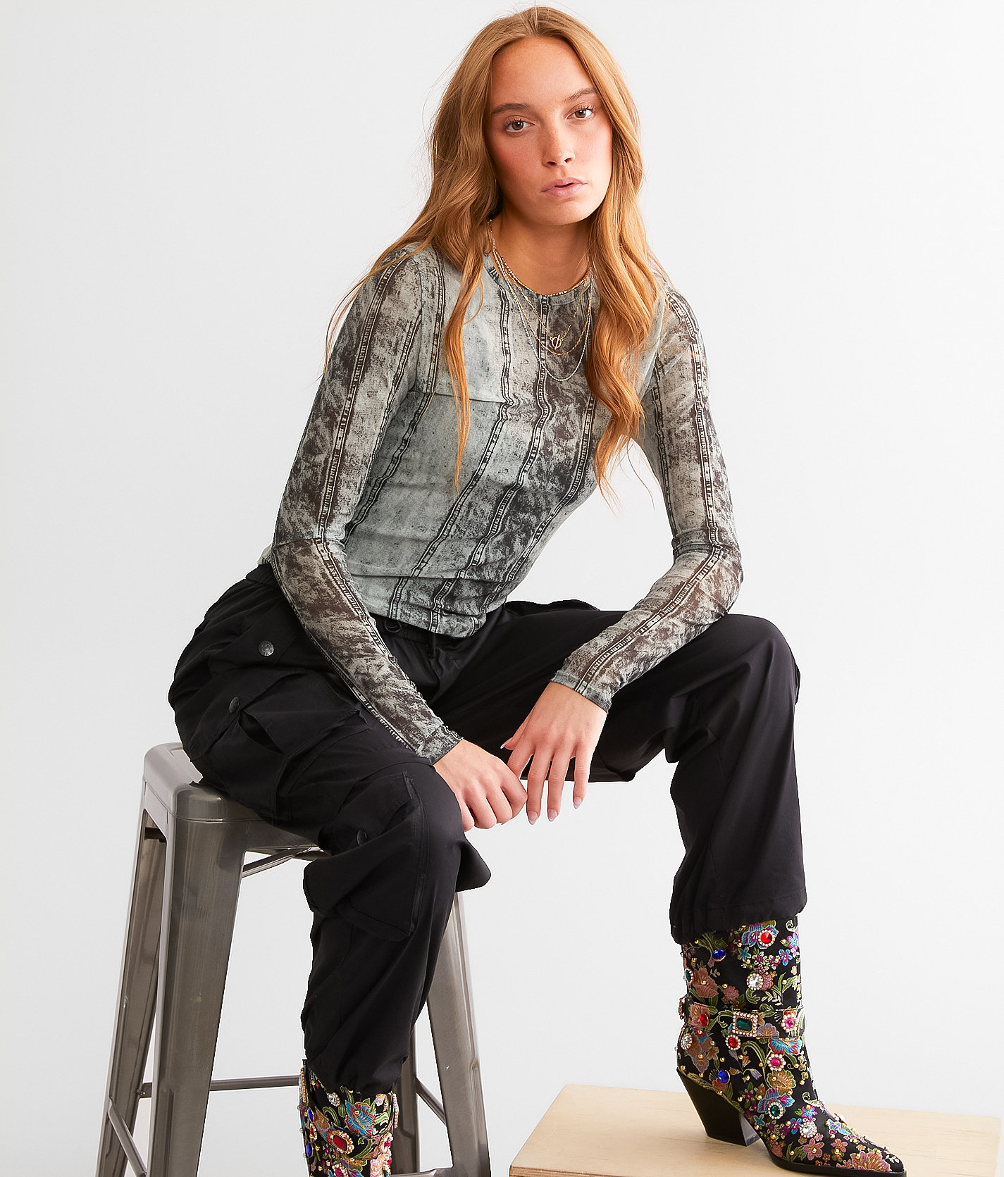 Gilded Intent Denim Print Mesh Top - Women's Shirts & Blouses in Grey Black