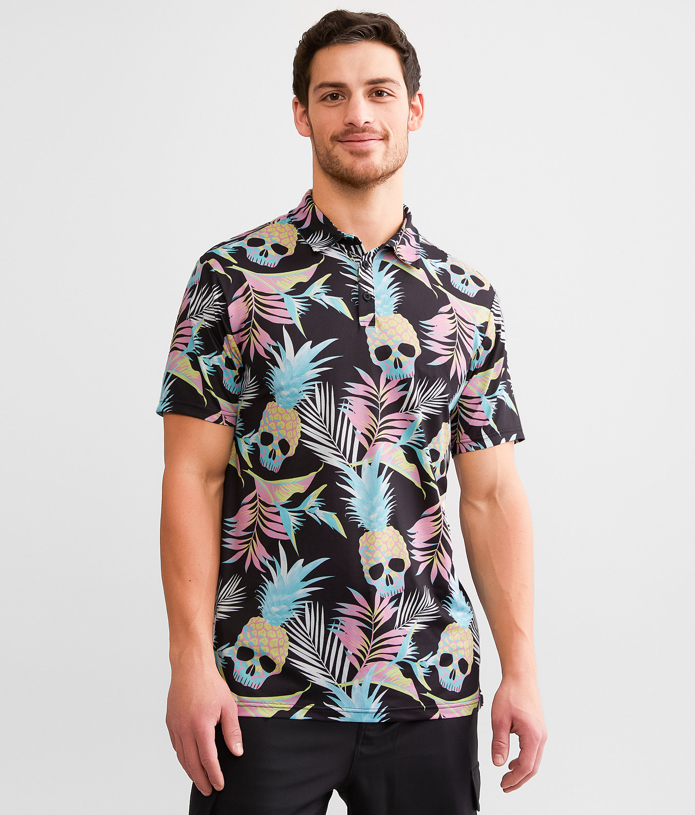 Departwest Tropical Skull Performance Polo - Men's Polos in Black