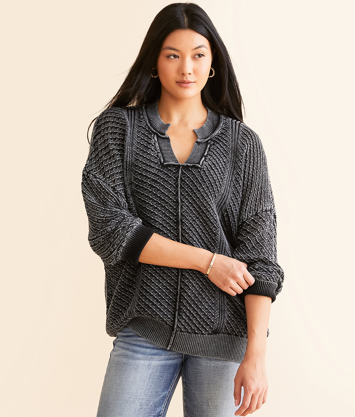 BKE Washed Notch Neck Oversized Sweater - Women's Sweaters in Black