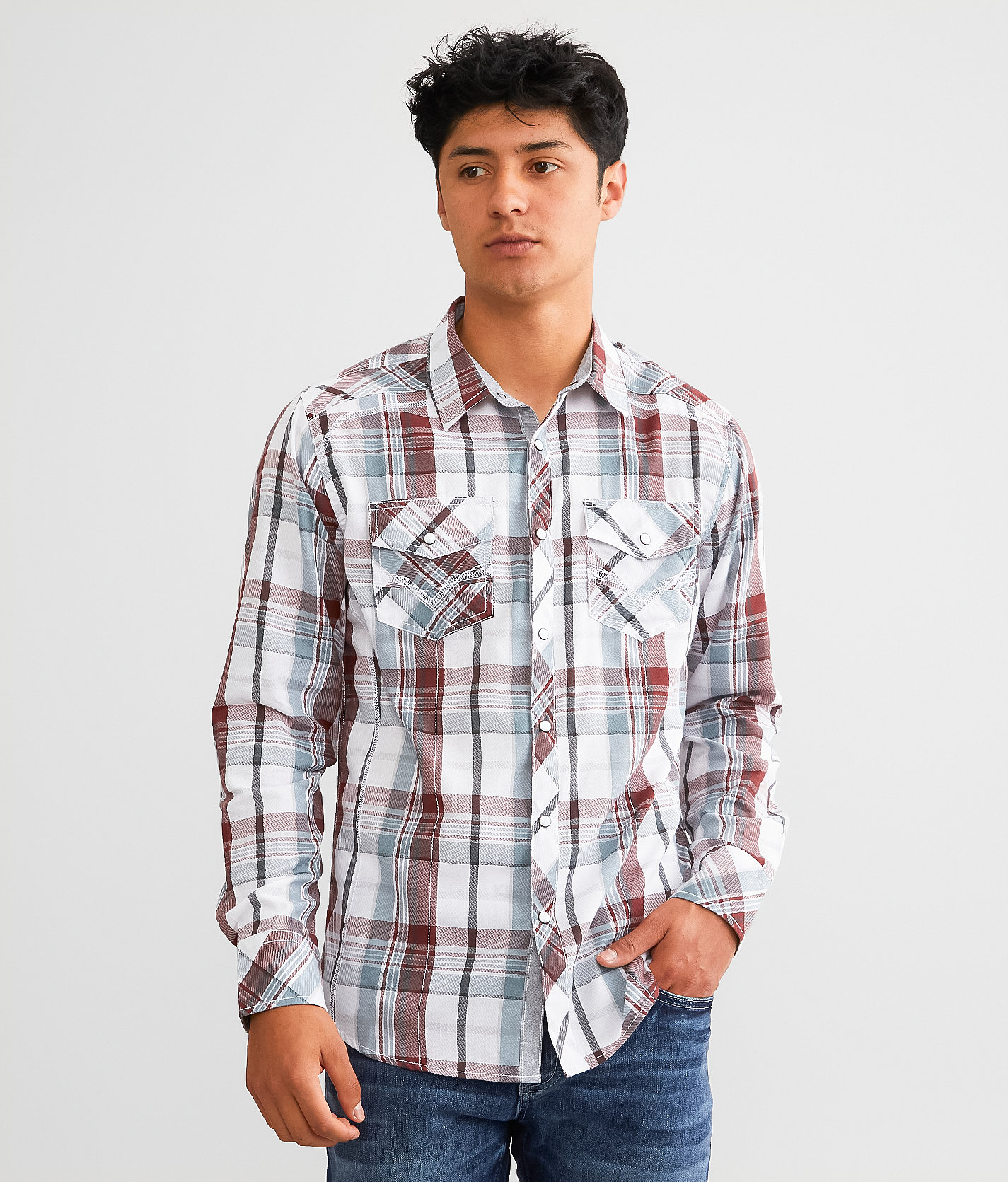 BKE Plaid Standard Shirt - Men's Shirts in White Burgundy