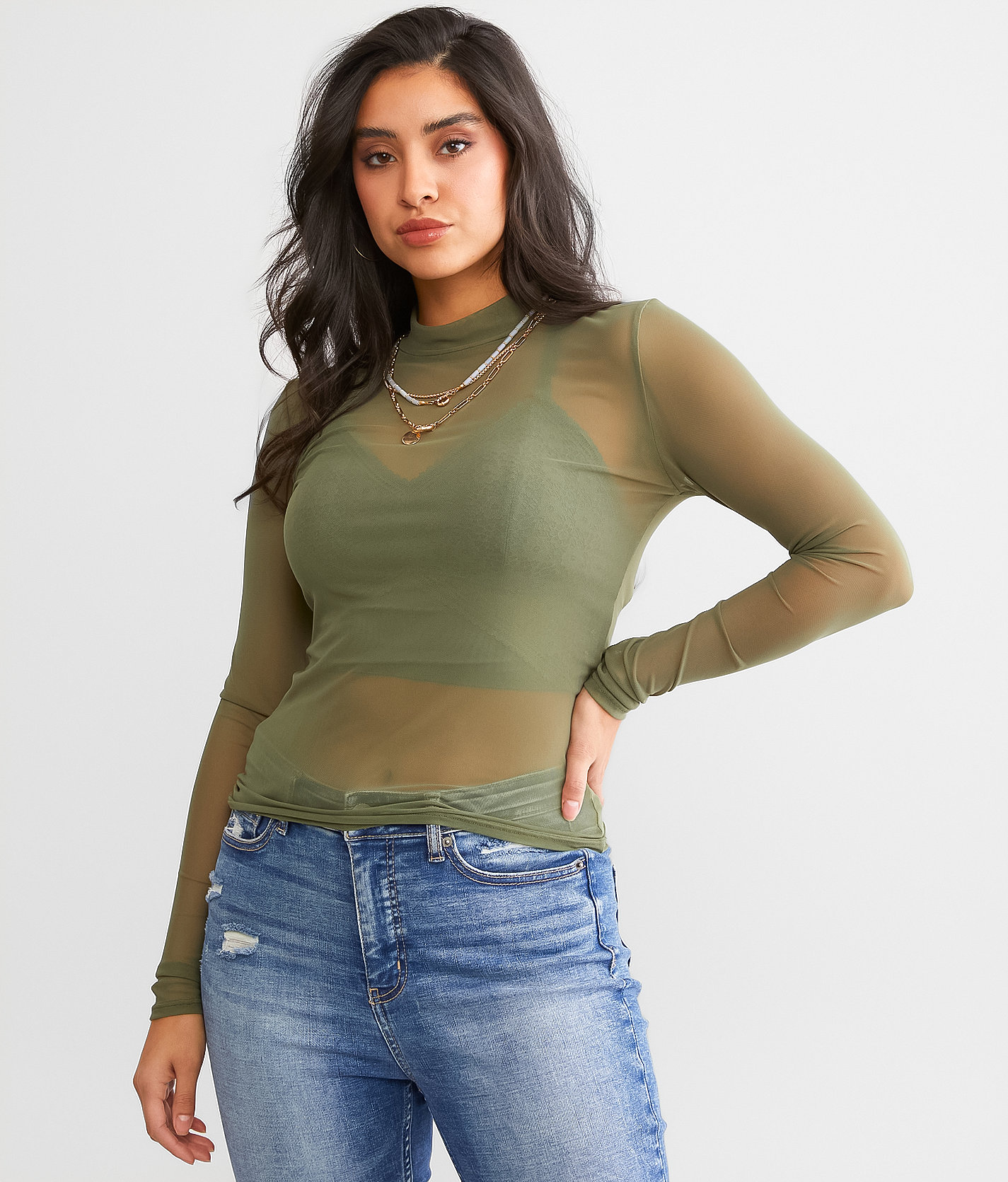 BKEssentials Mock Neck Mesh Top - Women's Shirts & Blouses in Four Leaf Clover