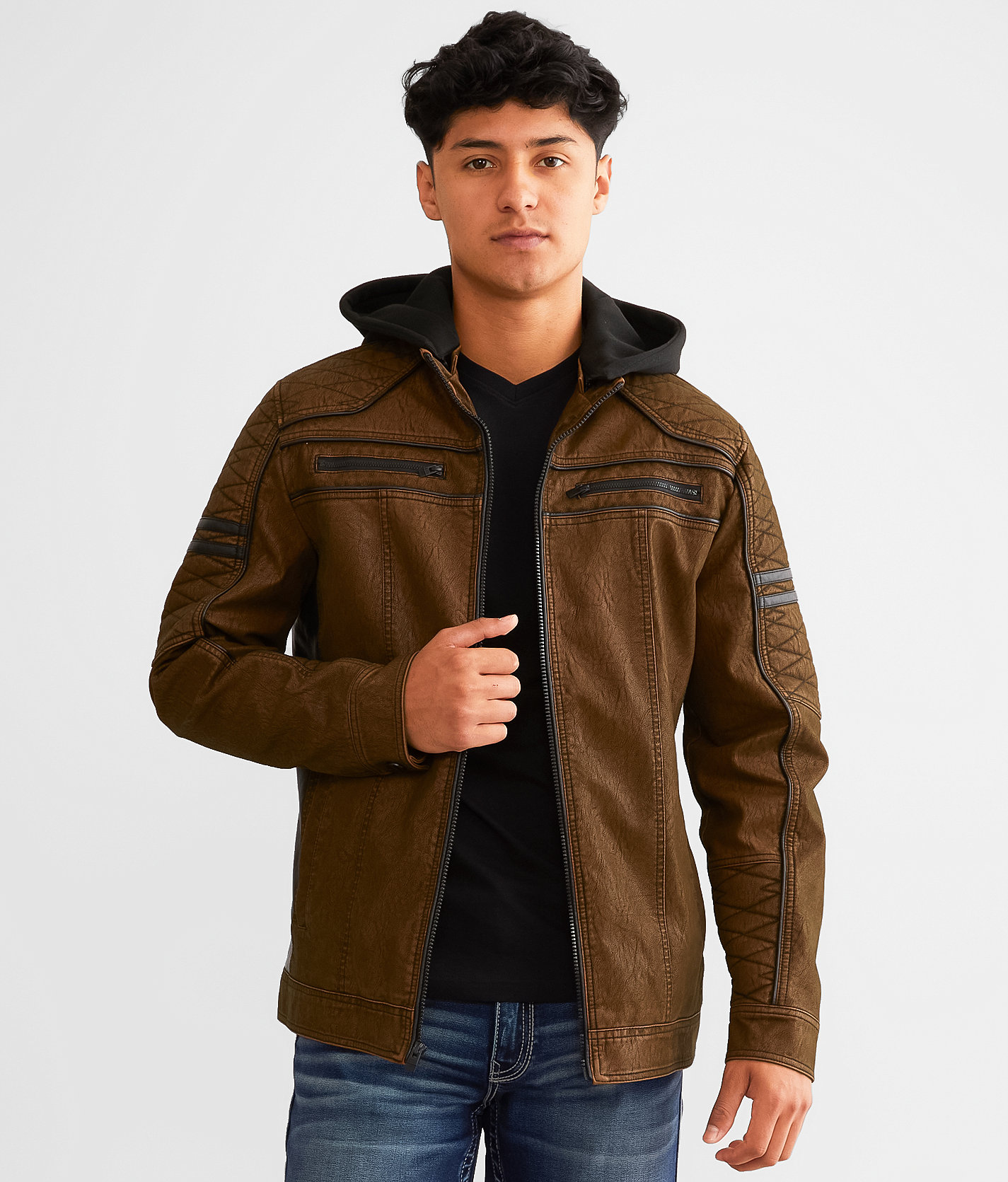 Buckle Black Faux Leather Hooded Jacket - Men's Coats & Jackets in Tobacco