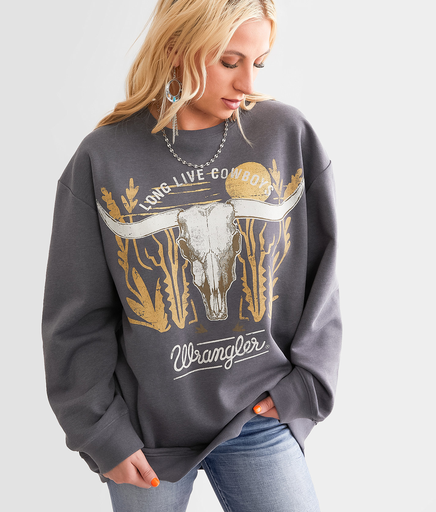 Wrangler® Steer Skull Oversized Pullover - Women's Sweatshirts in Charcoal