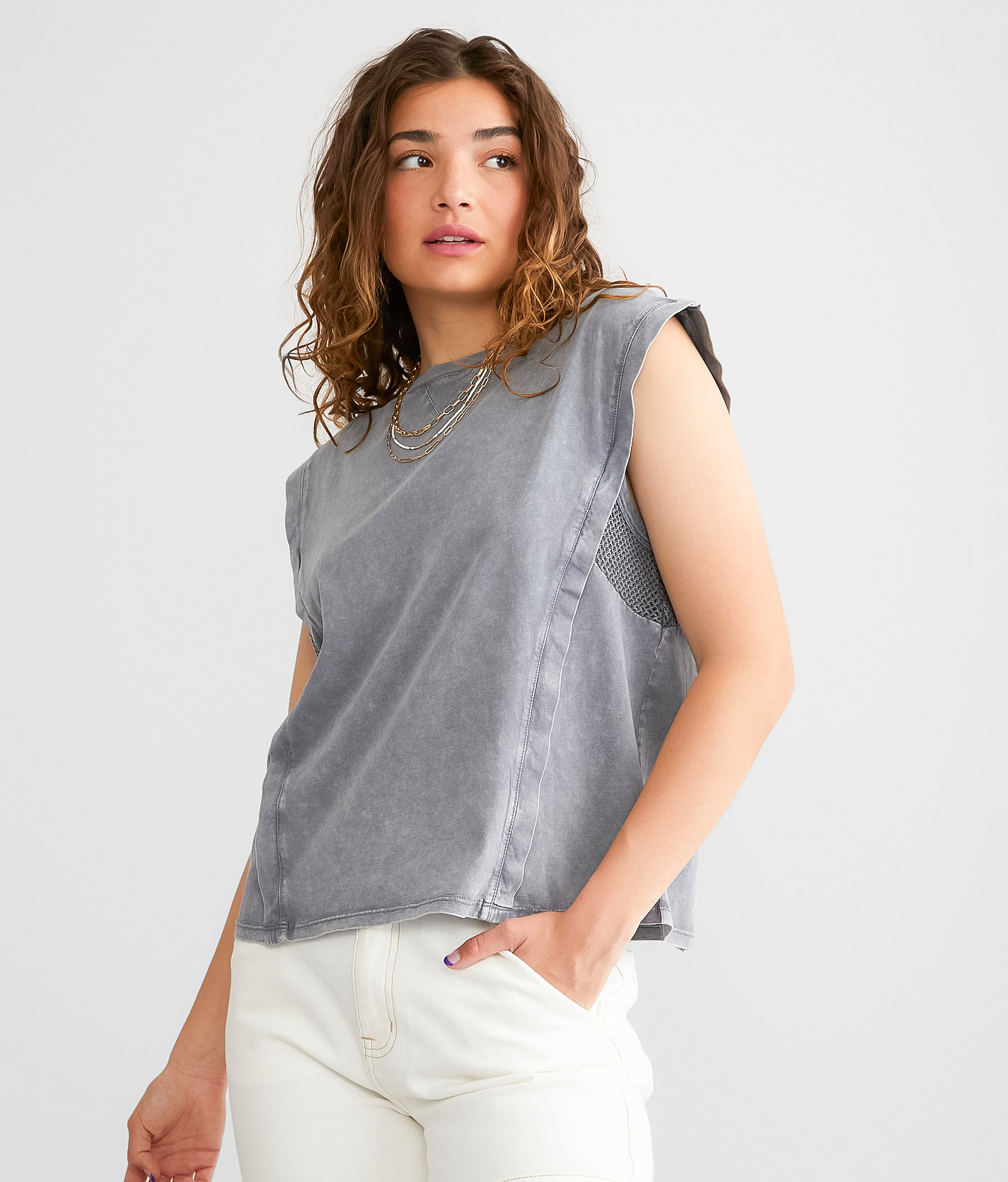 Gilded Intent Crochet Inset Muscle Tank Top - Women's Tank Tops in Storm Front