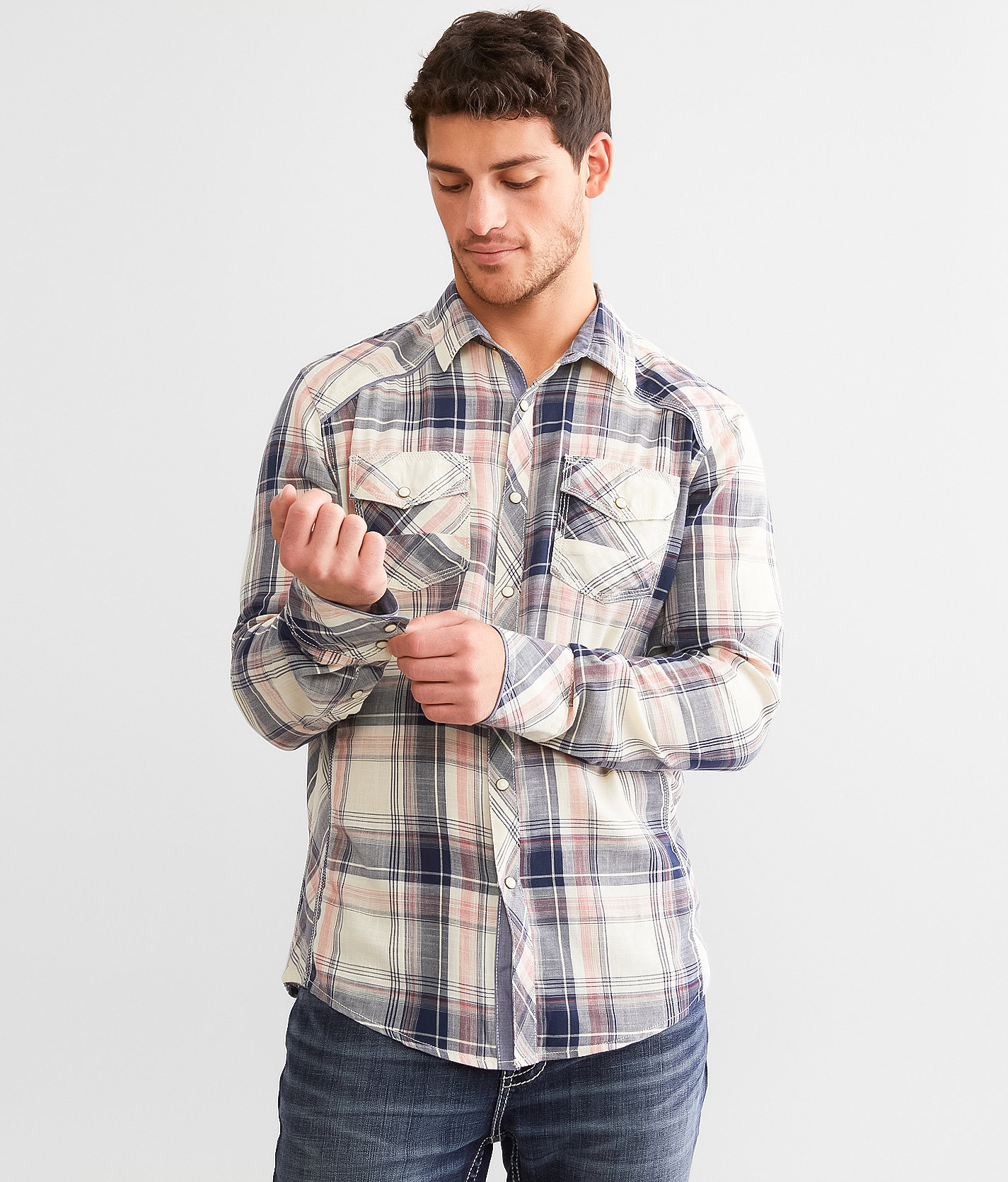 BKE Plaid Athletic Shirt - Men's Shirts in Cream Coral
