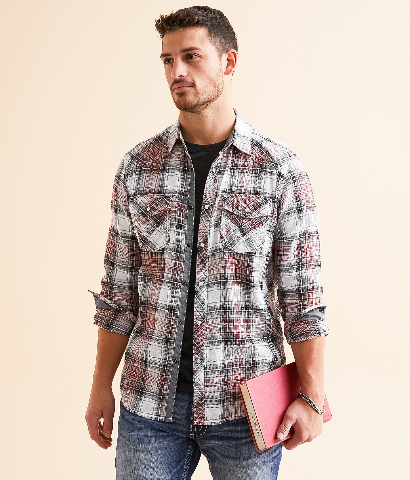 BKE Plaid Standard Shirt - Men's Shirts in White Red