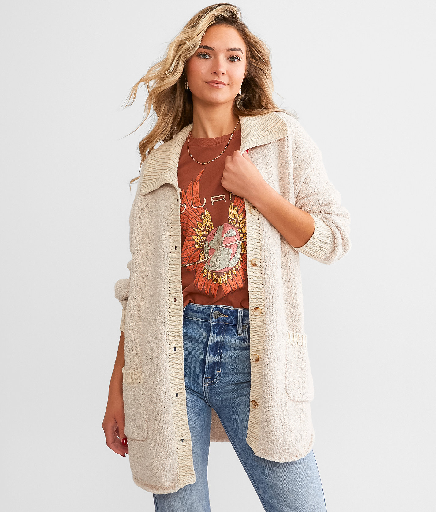 BKE Collared Cardigan Sweater - Women's Sweaters in Beige