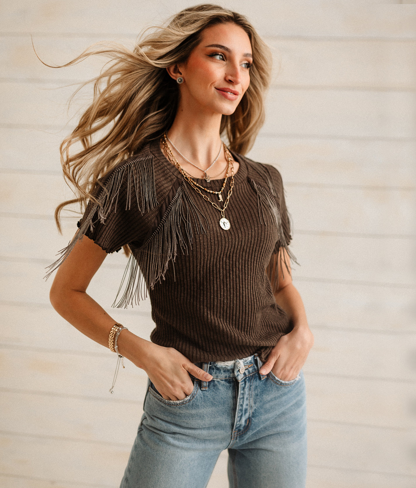 Sterling & Stitch Chain Fringe Top - Women's Shirts & Blouses in Mulch