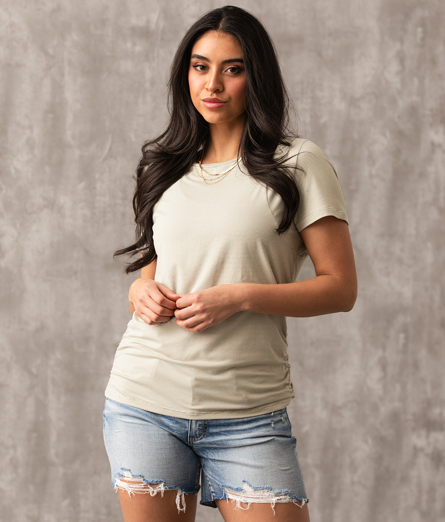 Buckle Black Striped Top - Women's Activewear in Abbey Stone