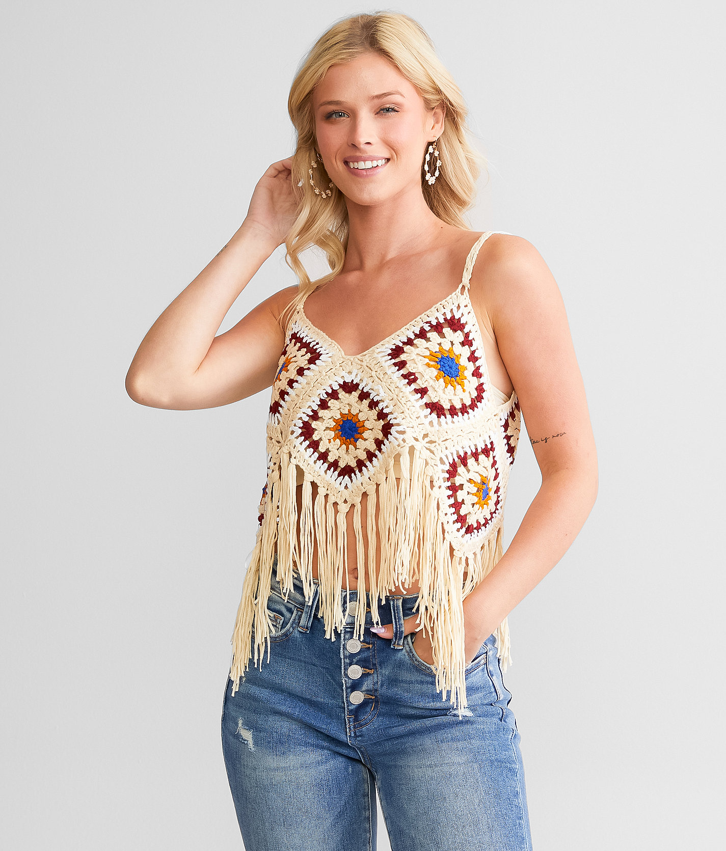 Be Divine Floral Square Cropped Tank Top - One Size - Women's Tank Tops in Natural Burgundy
