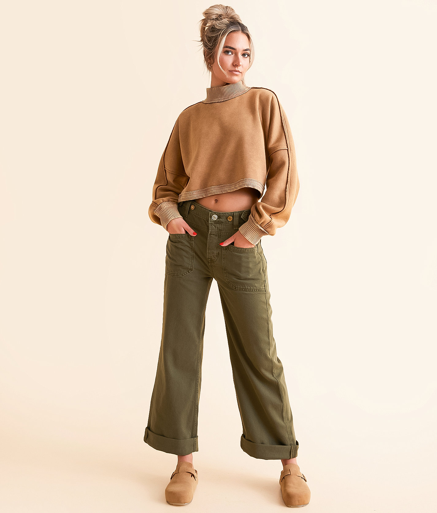 Free People Palmer Wide Leg Cuffed Jean - Women's Jeans in Army