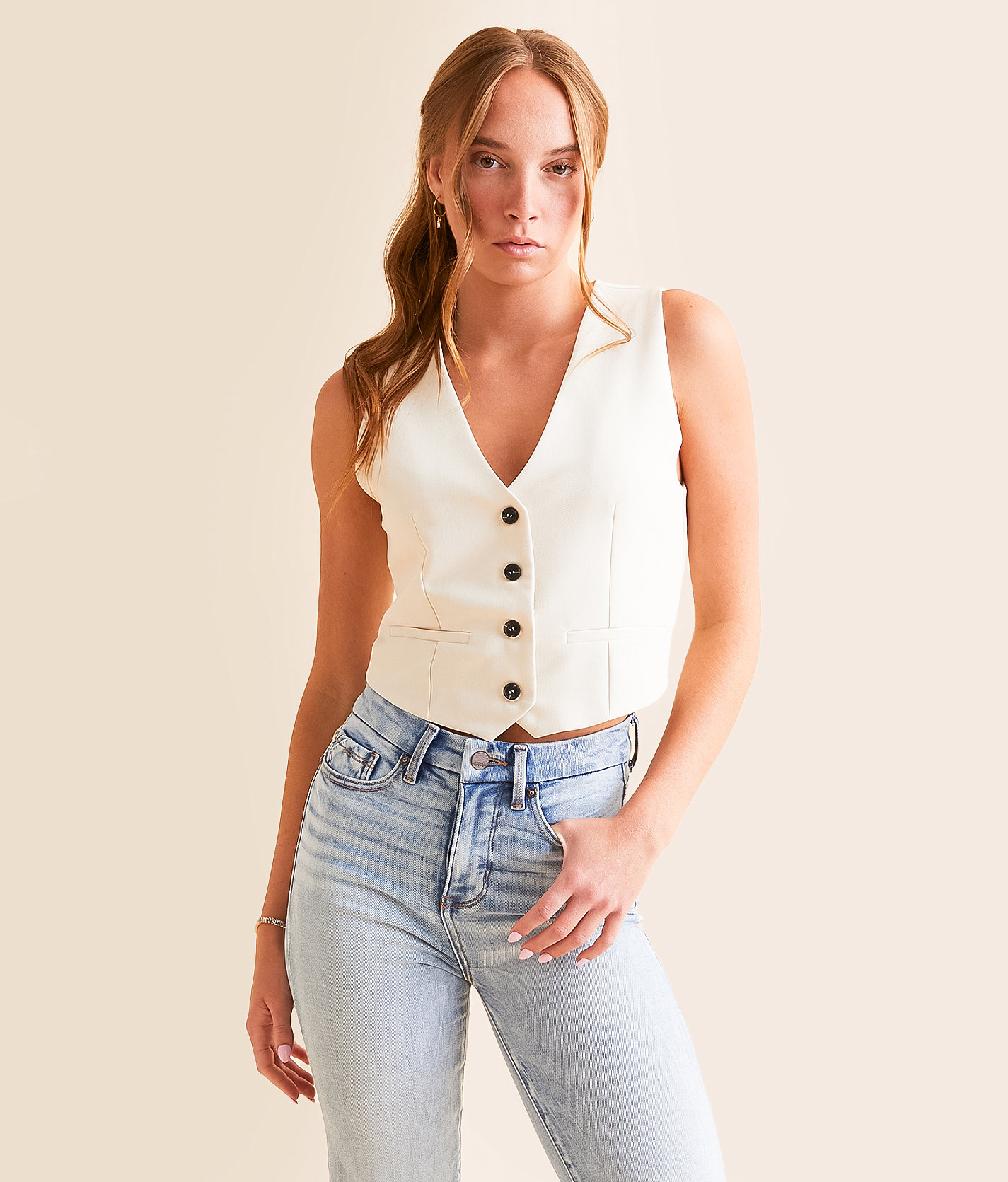 Double Zero Button-Up Cropped Vest - Women's Coats & Jackets in Cream