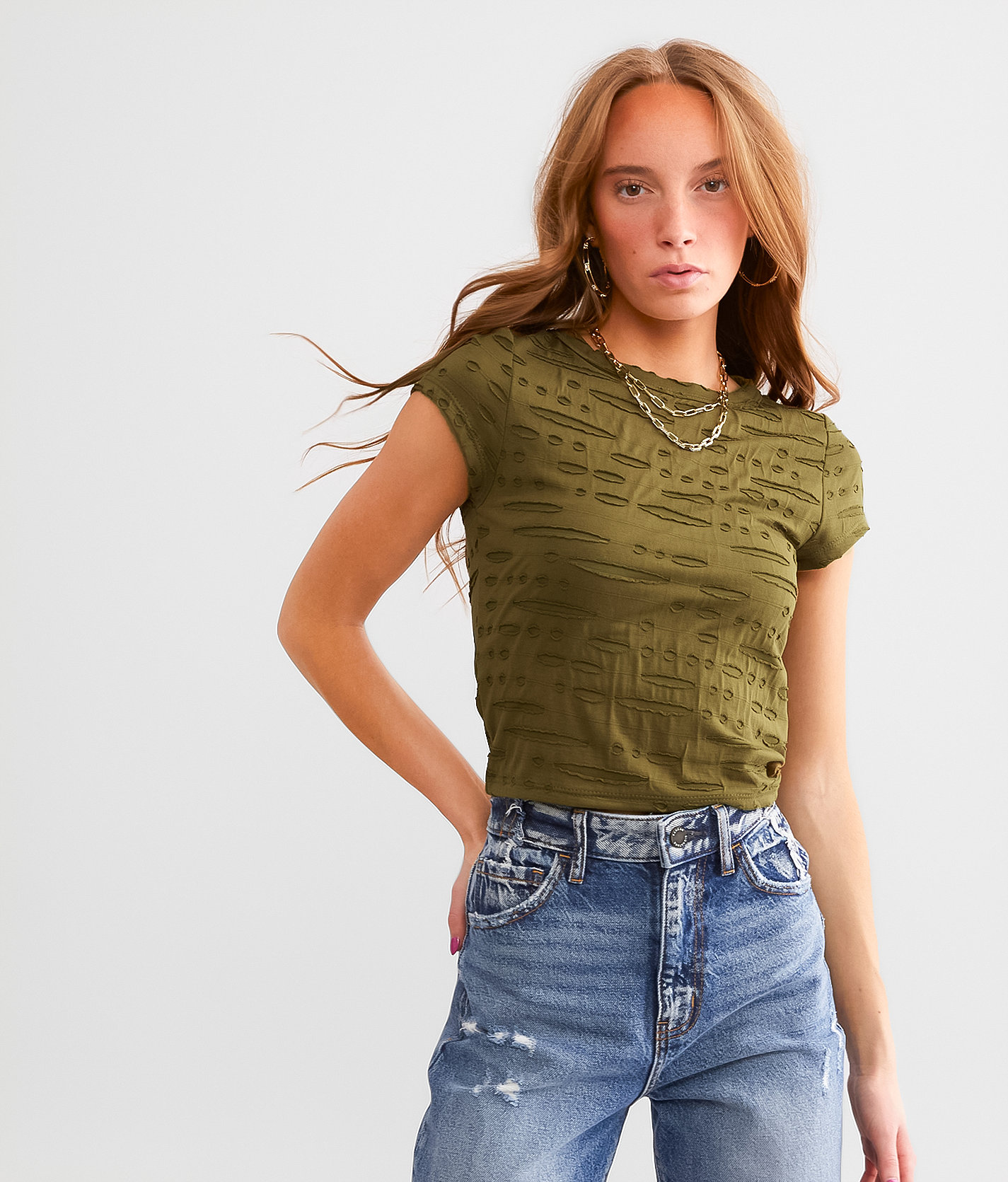 Gilded Intent Raw Edge Cropped T-Shirt - Women's T-Shirts in Olive