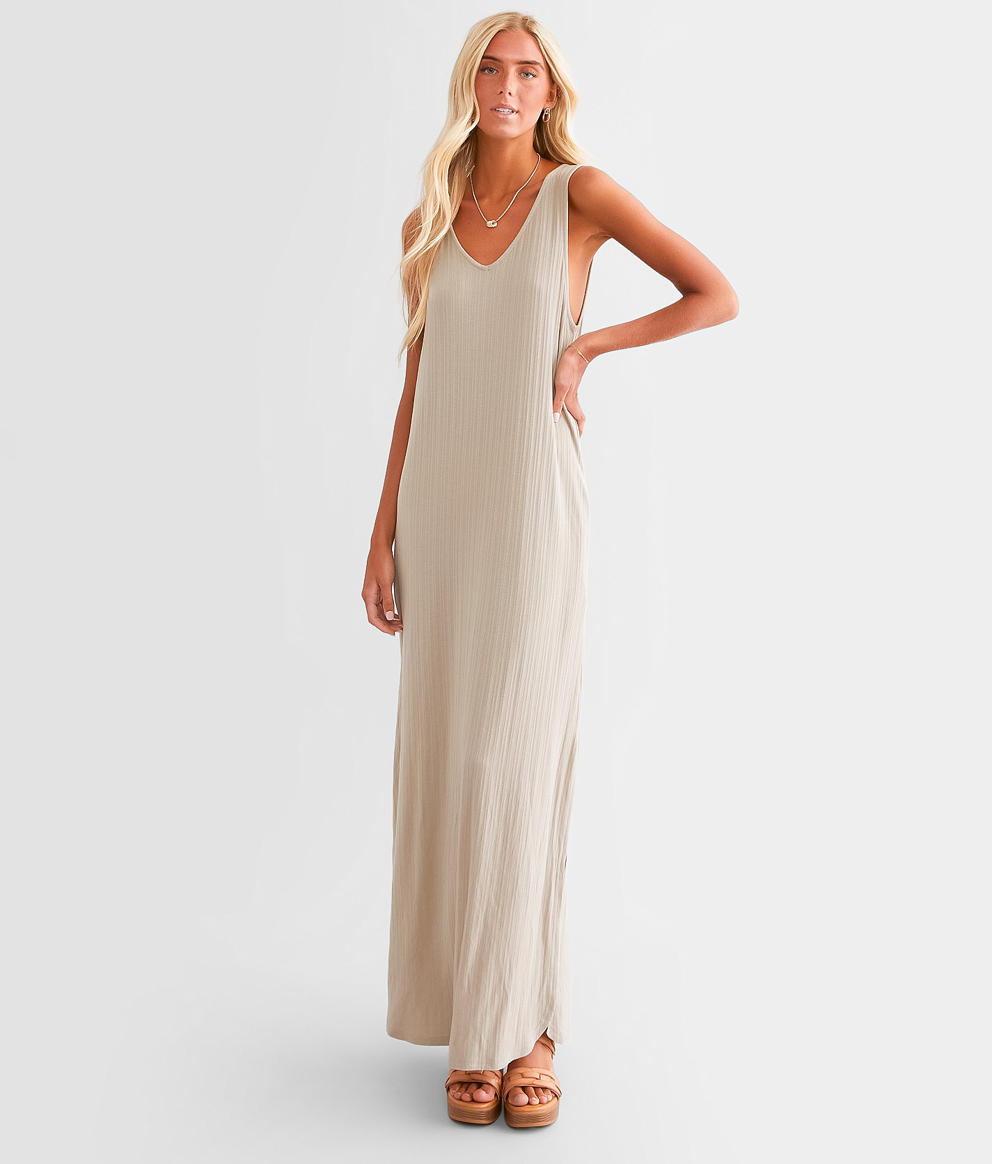 BKE Ribbed Knit Maxi Dress - Women's Dresses in Taupe