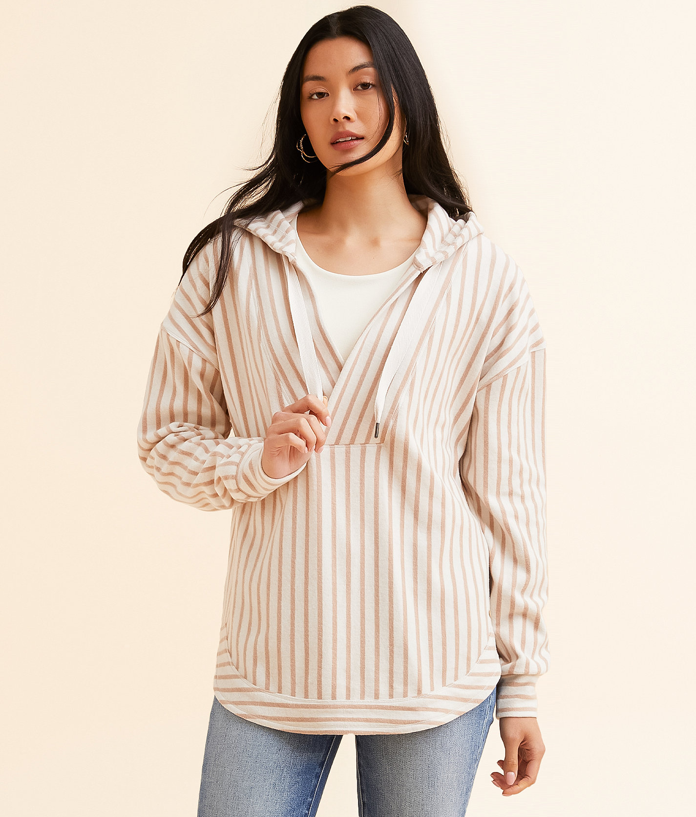 BKE Striped Fleece Hooded Sweatshirt - Women's Sweatshirts in Birch Natural Stripe