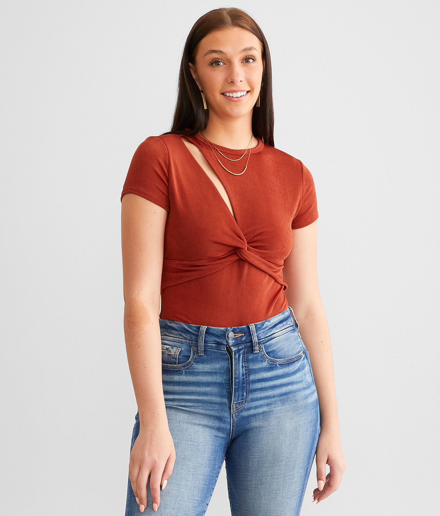 red by BKE Twisted Cut-Out Bodysuit - Women's Bodysuits in Rust