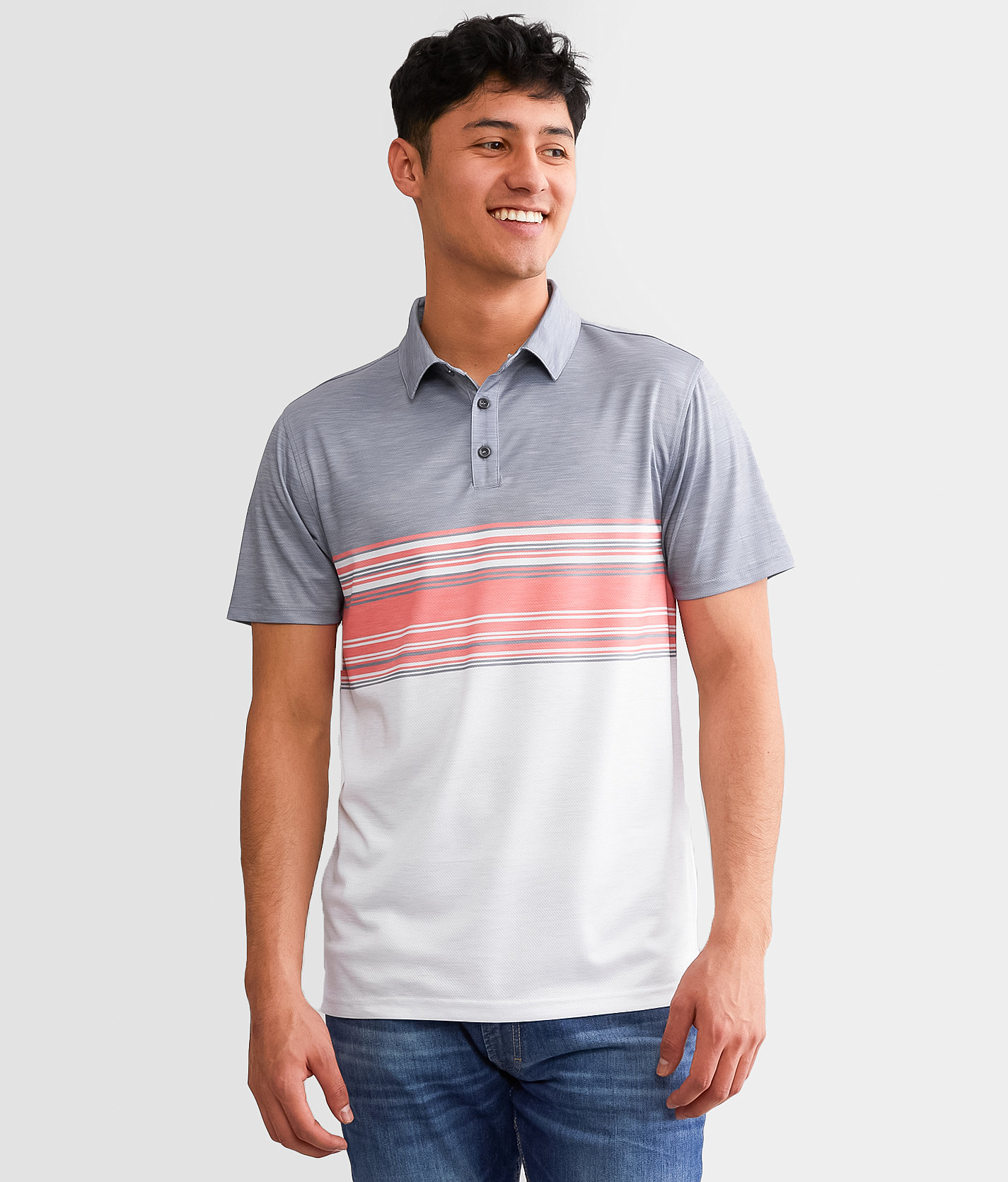 BKE Striped Performance Polo - Men's Polos in Grey Hot Coral White