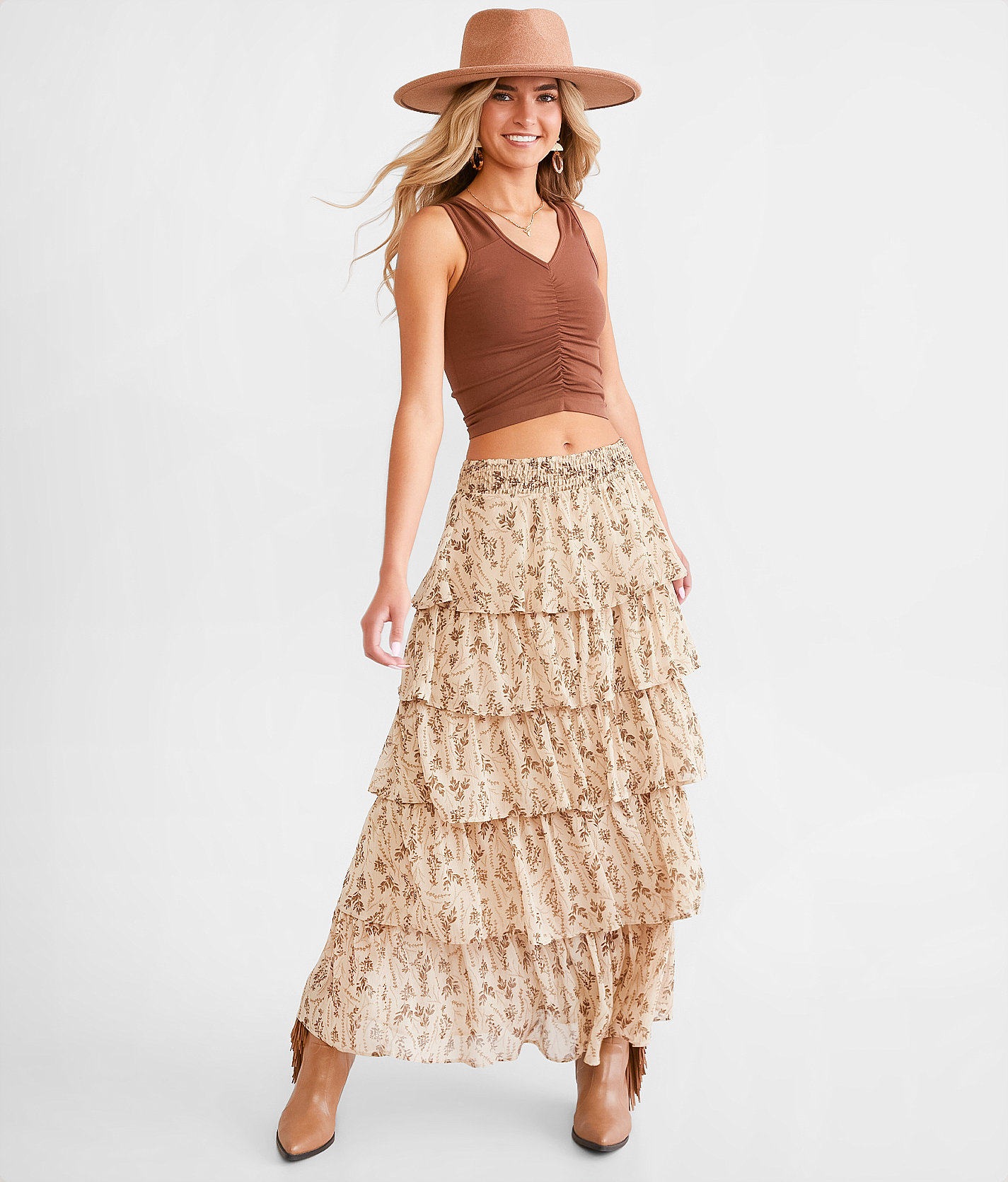 Illa Illa Tiered Maxi Skirt - Women's Skirts in Beige Floral