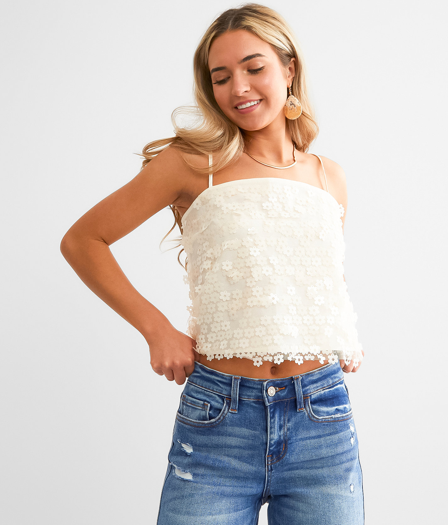 Blue B Flower Applique Cropped Tank Top - Women's Tank Tops in Cream