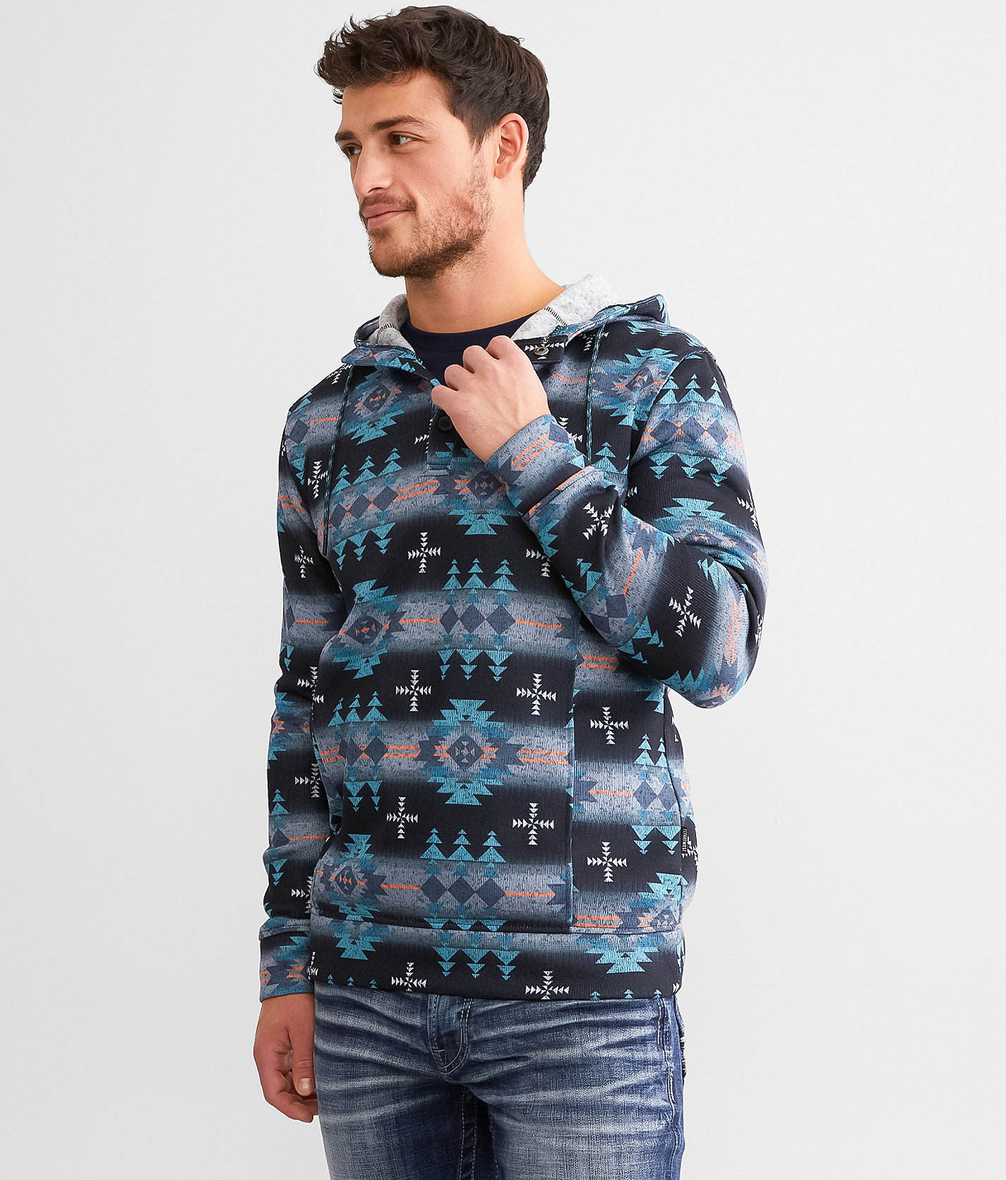 Departwest Southwestern Henley Hoodie - Men's Sweatshirts in Black Teal