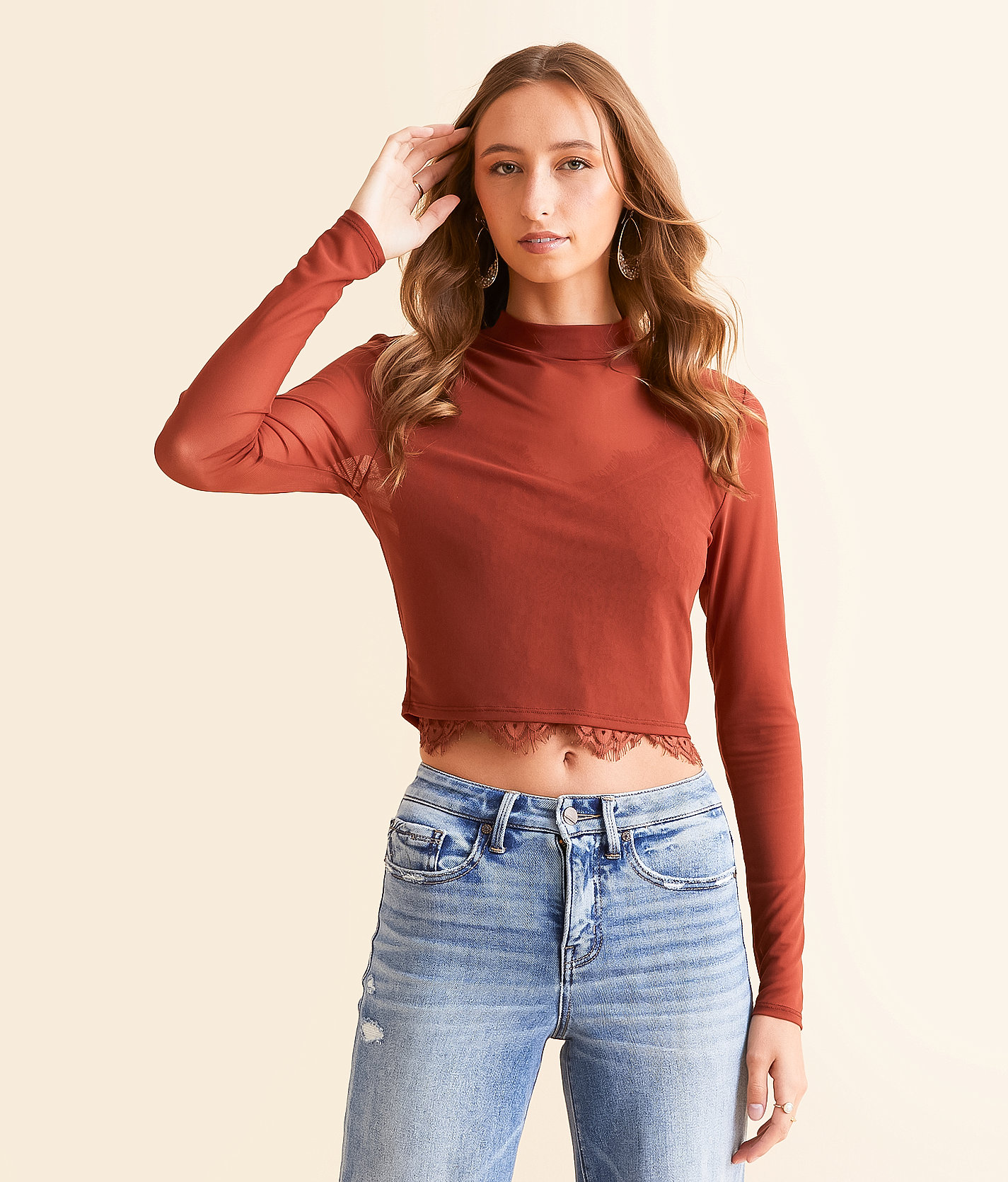 BKEssentials Sheer Mesh Cropped Top - Women's Shirts & Blouses in Henna
