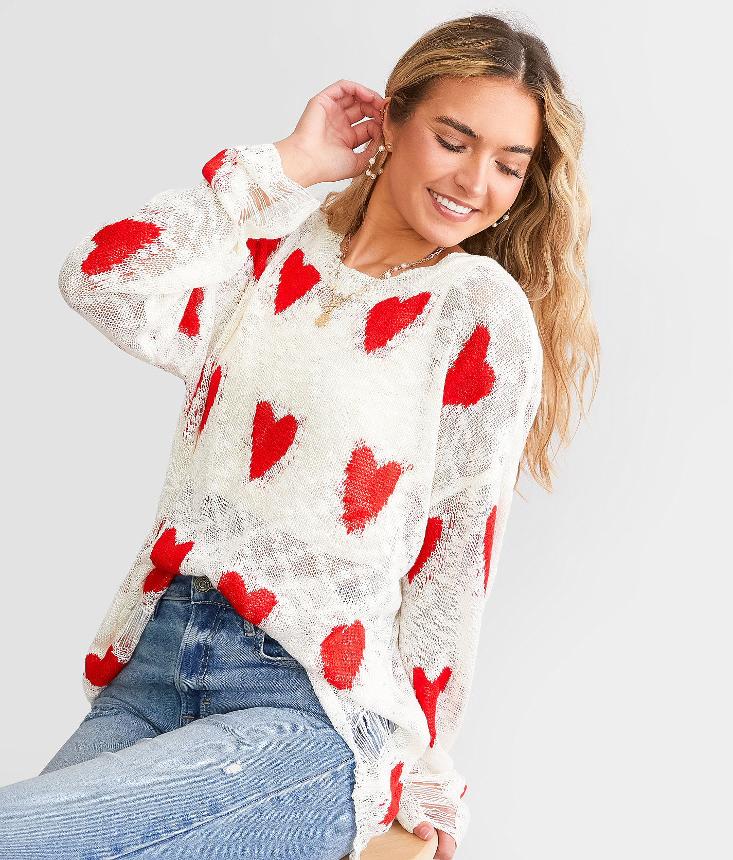 BiBi Destructed Heart Sweater - Women's Sweaters in White Red
