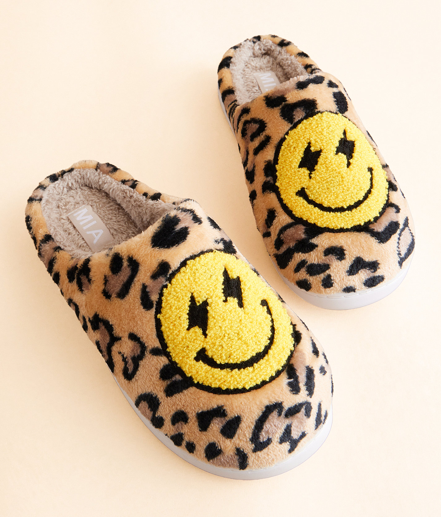 Mia Cozi Smiley Leopard Slipper - Women's Shoes in Lep Bolt Happy Face
