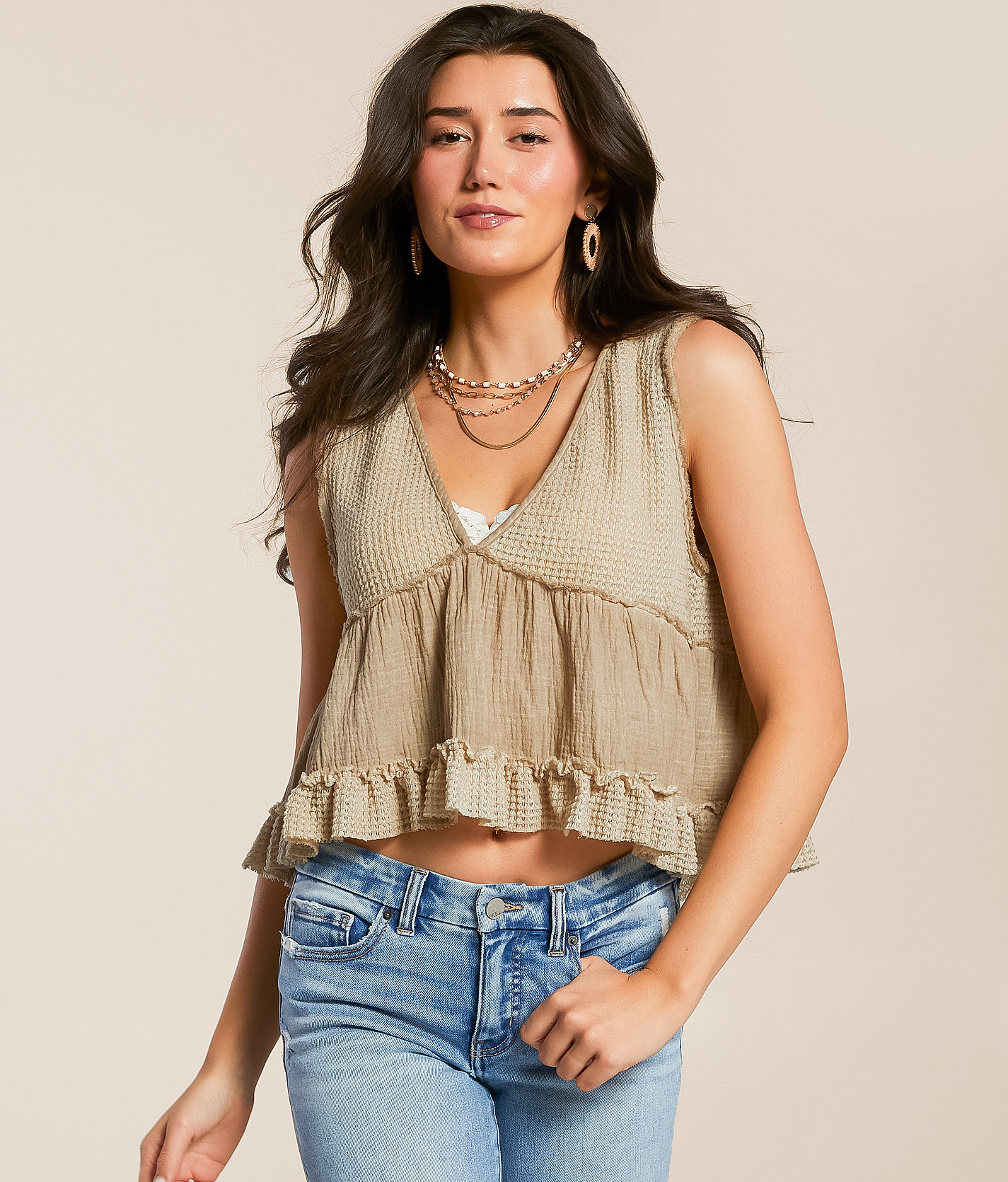 POL Pieced Ruffle Cropped Tank Top - Women's Tank Tops in Wheat Bread