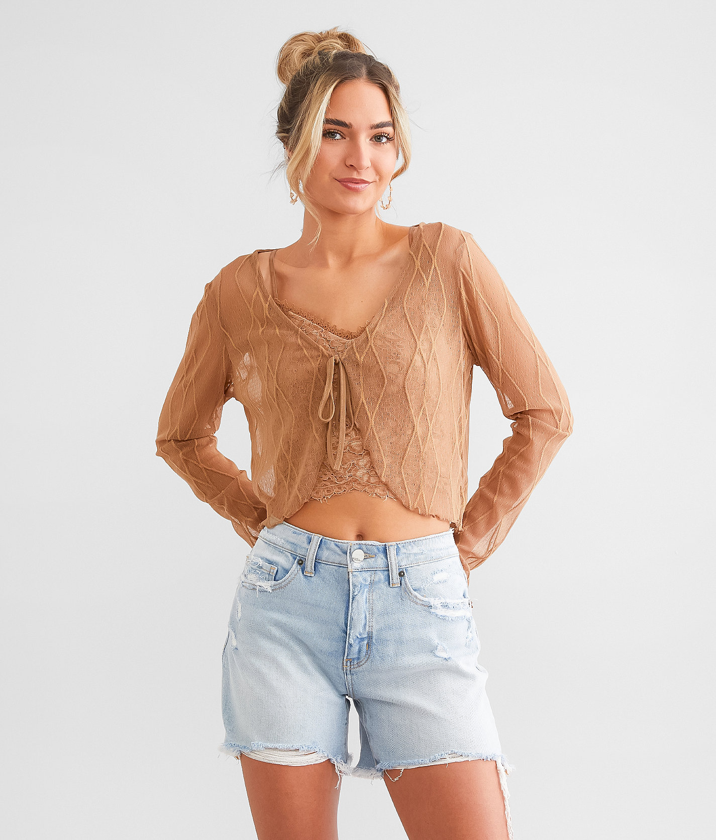 Willow & Root Front Tie Mesh Top - Women's Shirts & Blouses in Brown