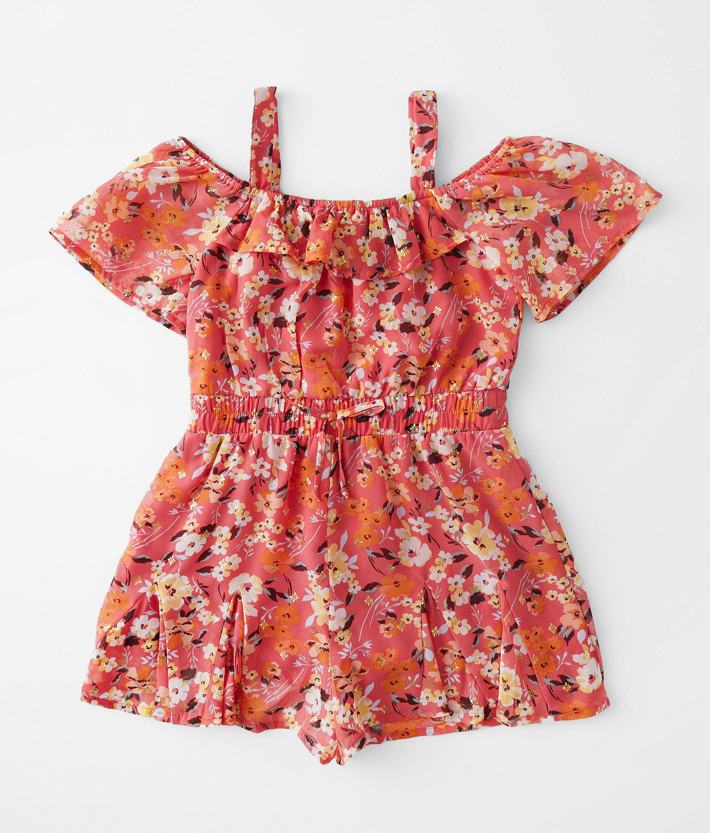 Girls - Willow & Root Foiled Floral Chiffon Romper - Girl's Rompers & Jumpsuits in Cayenne