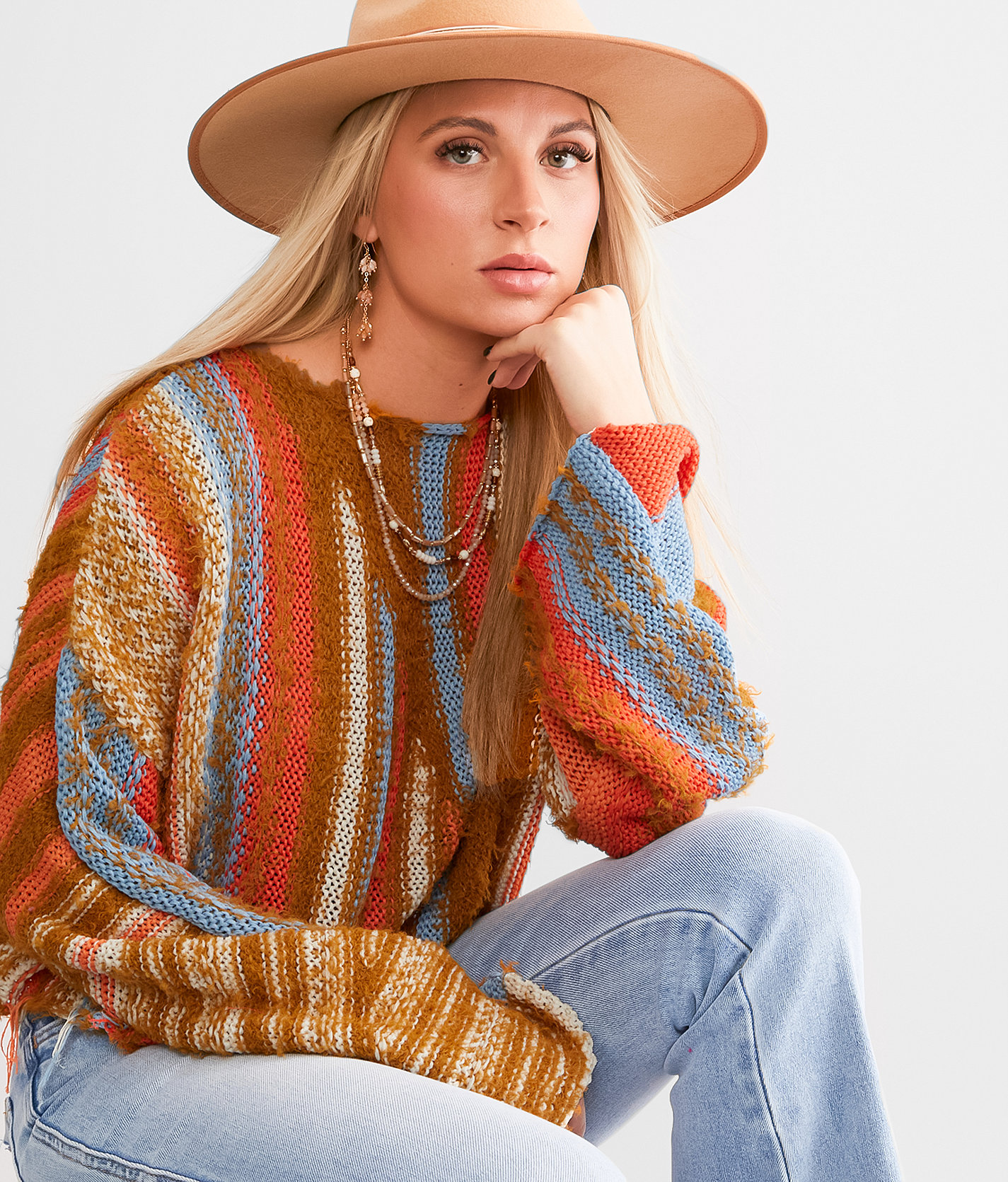 Willow & Root Frayed Open Weave Cropped Sweater - Women's Sweaters in Coral Multi