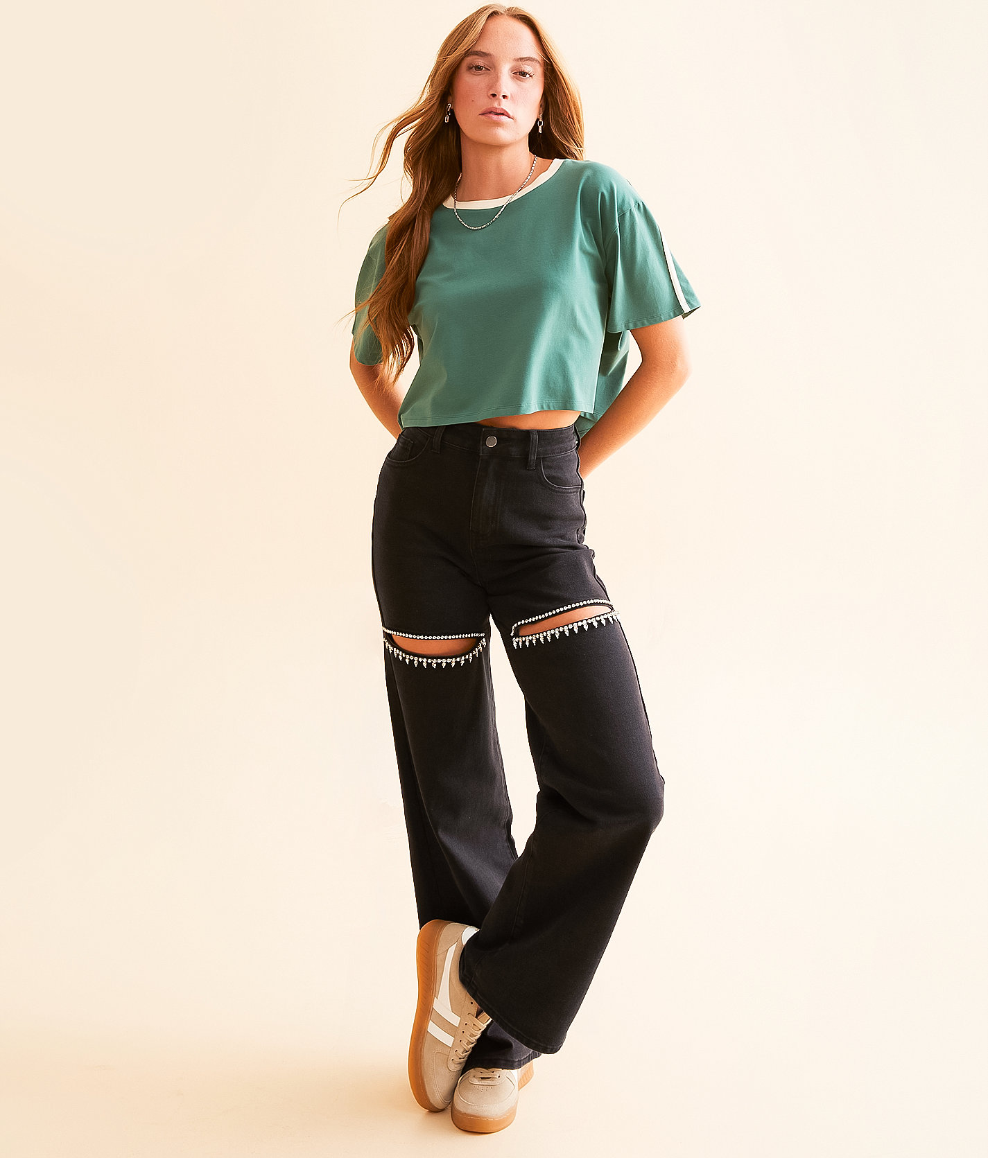 Blue B Ultra High Rise Wide Leg Rhinestone Stretch Jean - Women's Jeans in Black