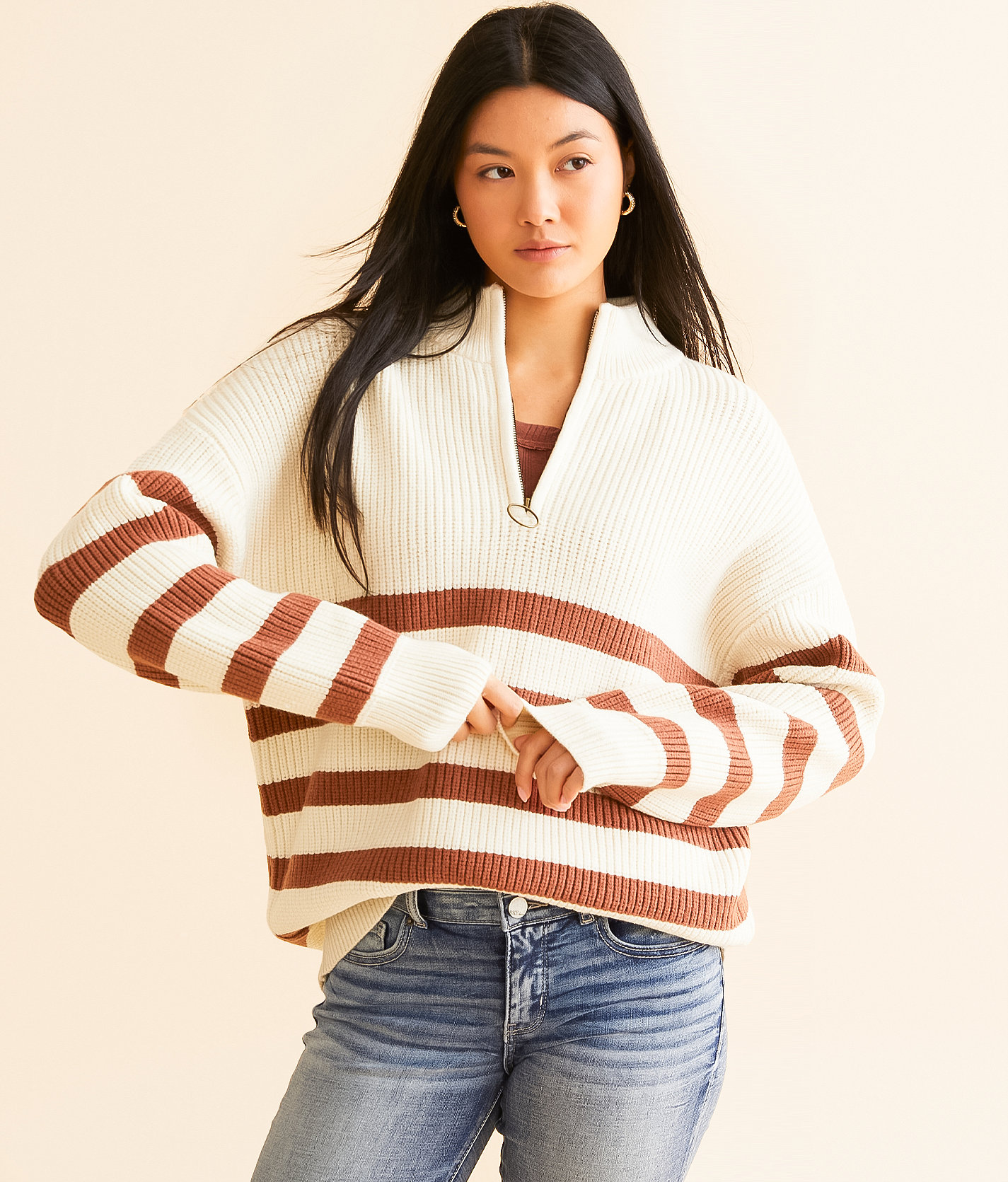 BKE Striped Quarter Zip Sweater - Women's Sweaters in Cream Apple Butter