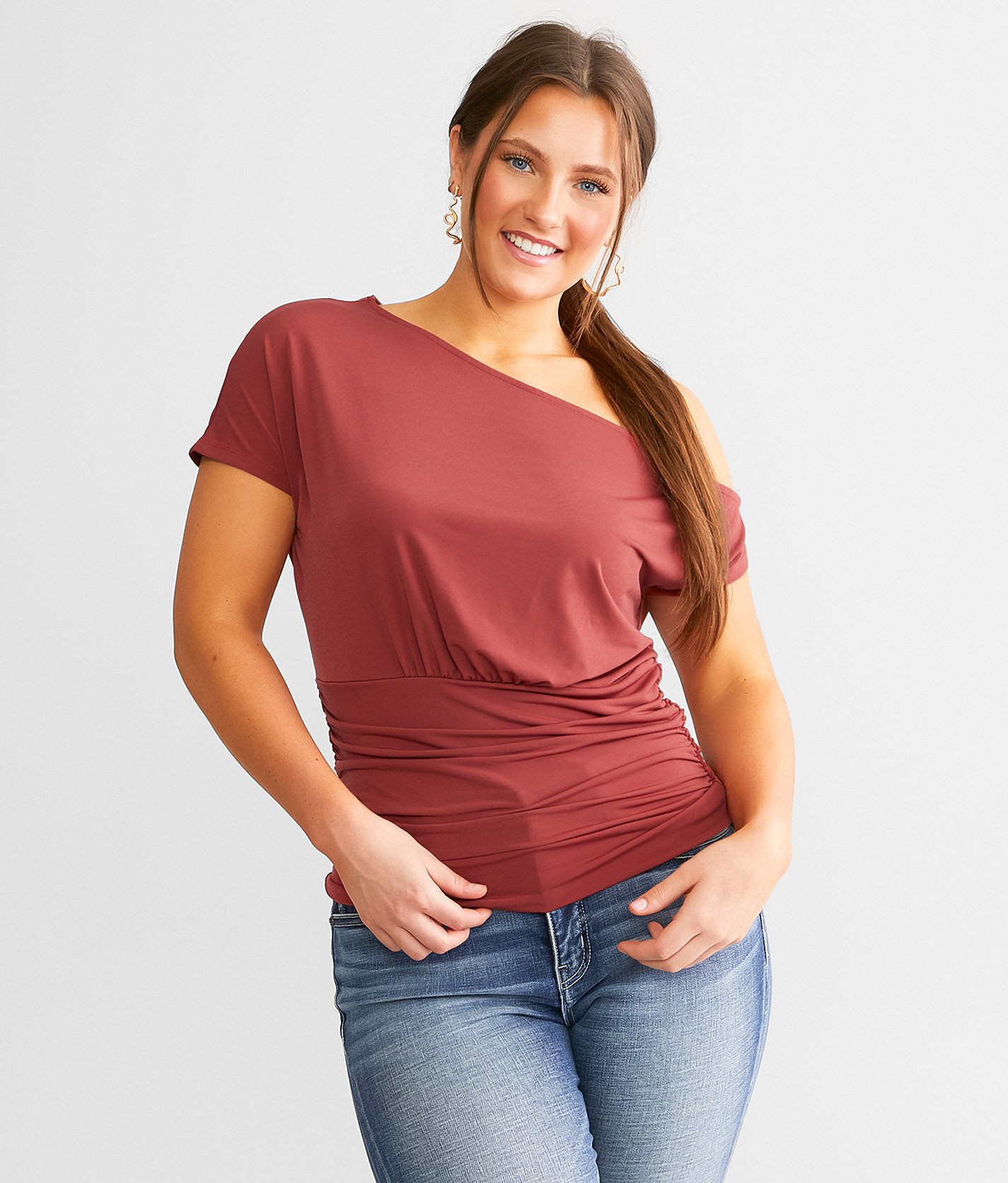 Daytrip Asymmetrical Off The Shoulder Top - Women's Shirts & Blouses in Rosewood