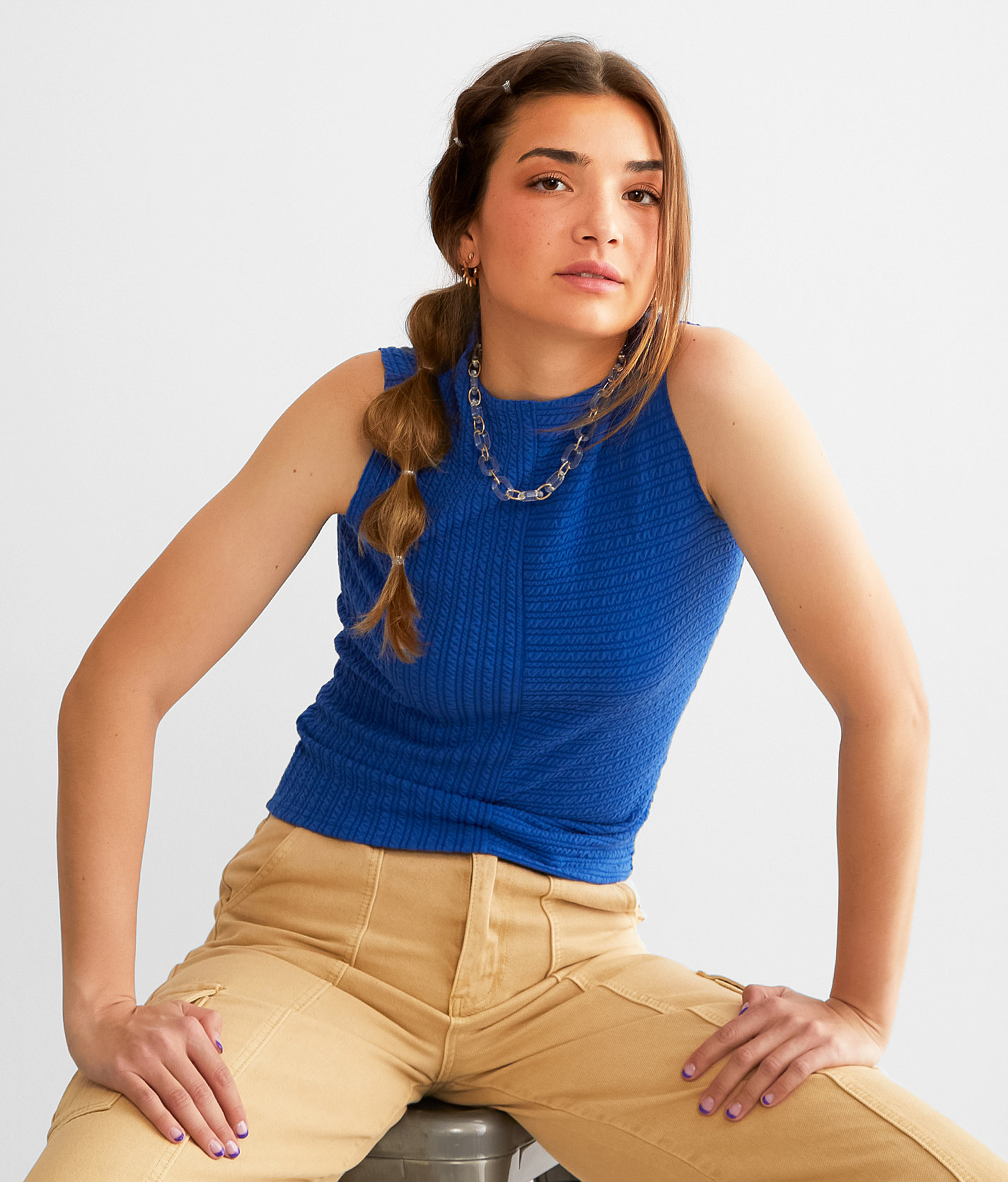 Gilded Intent Textured Rib Knit Tank Top - Women's Tank Tops in Princess Blue