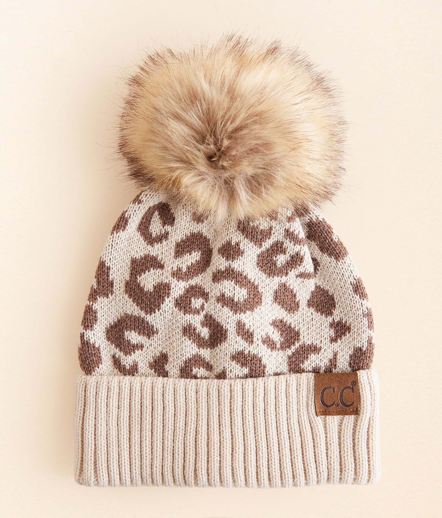 C.C® Leopard Pom Beanie - Women's Hats in Taupe