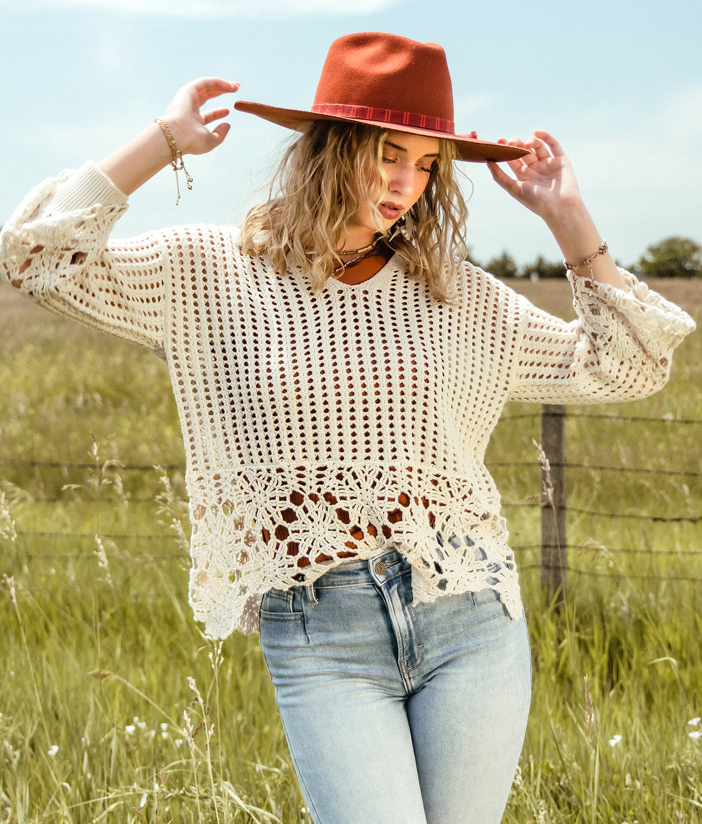 Gimmicks Collared Crochet Sweater - Women's Sweaters in Cream