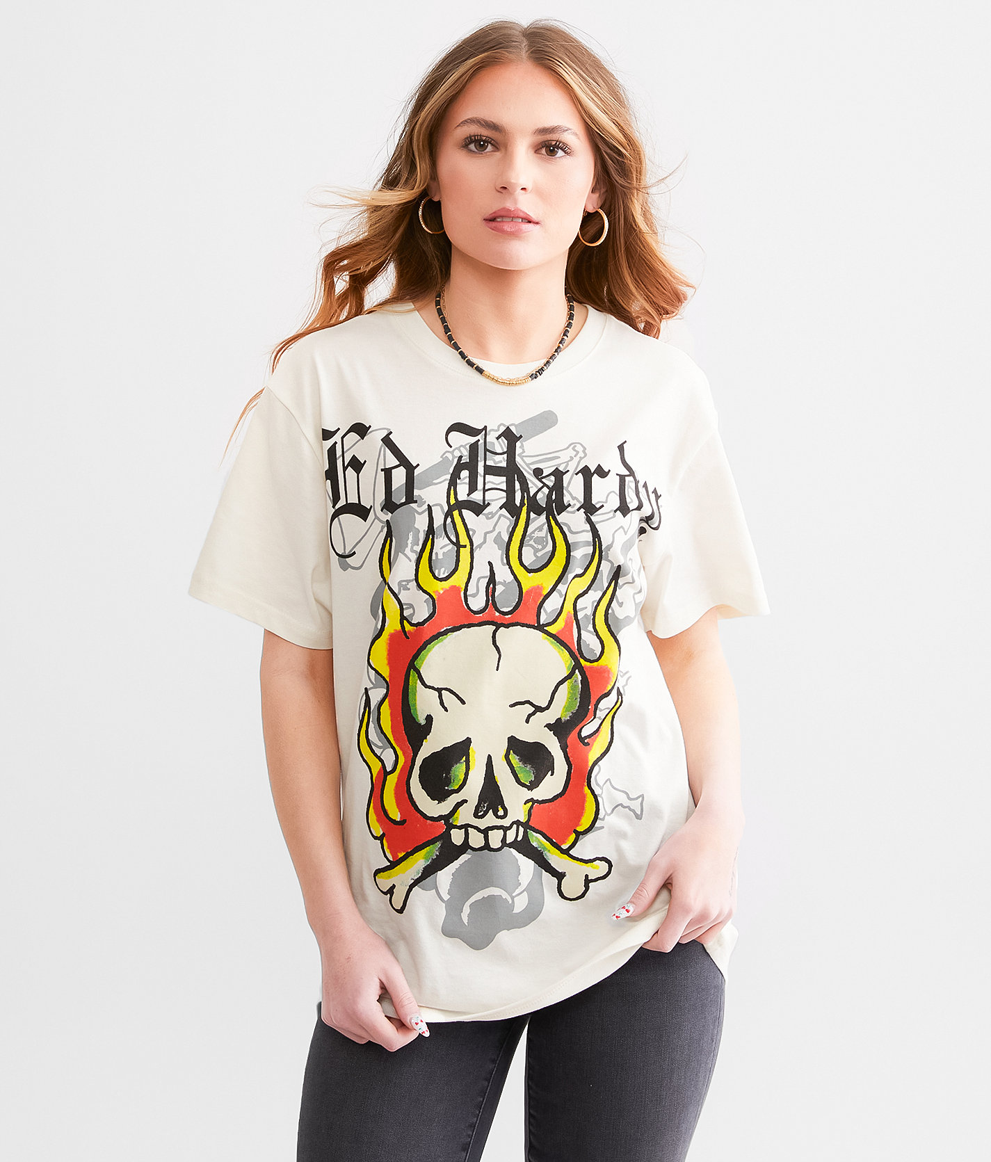Ed Hardy Flame Skull Throwback T-Shirt - Women's T-Shirts in Ivory