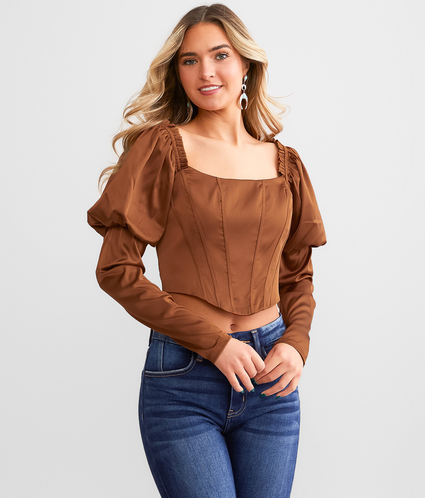 Papermoon Satin Puff Sleeve Cropped Top - Women's Shirts & Blouses in Copper Brown