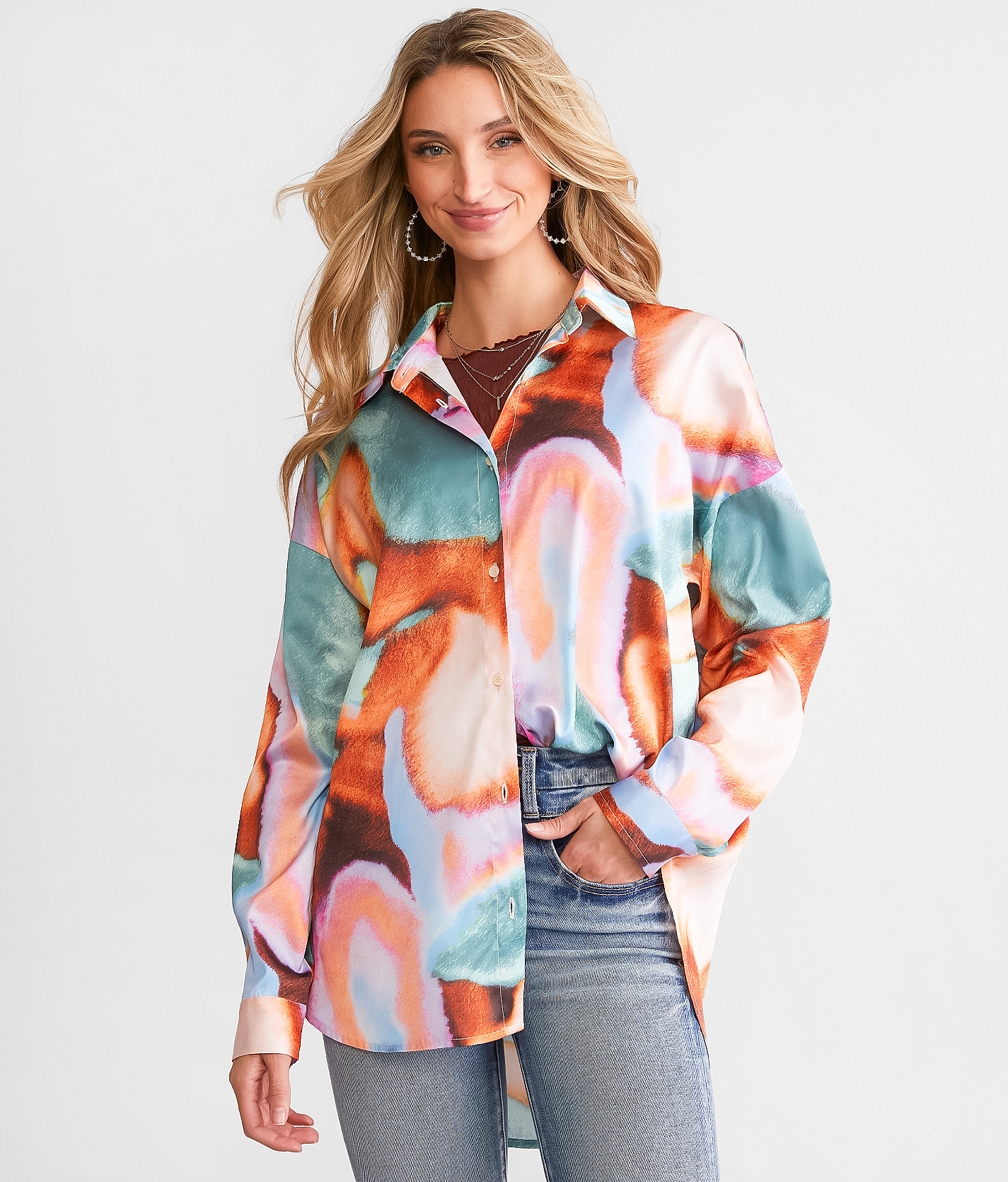 Acoa Marble Satin Oversized Blouse - Women's Shirts & Blouses in Green Multi
